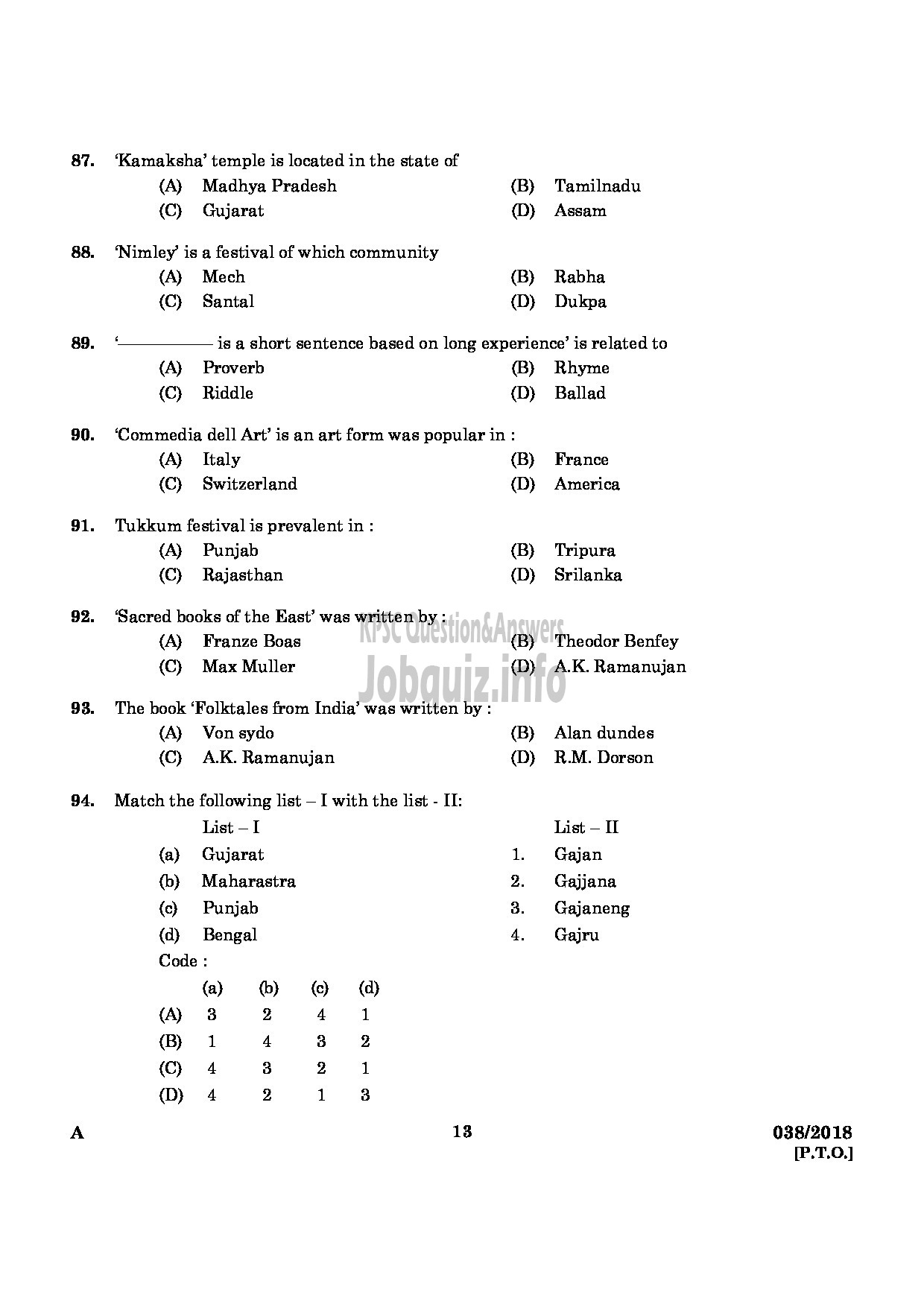 Kerala PSC Question Paper - RESEARCH ASSISTANT FOLKLORE ARCHAEOLOGY-11