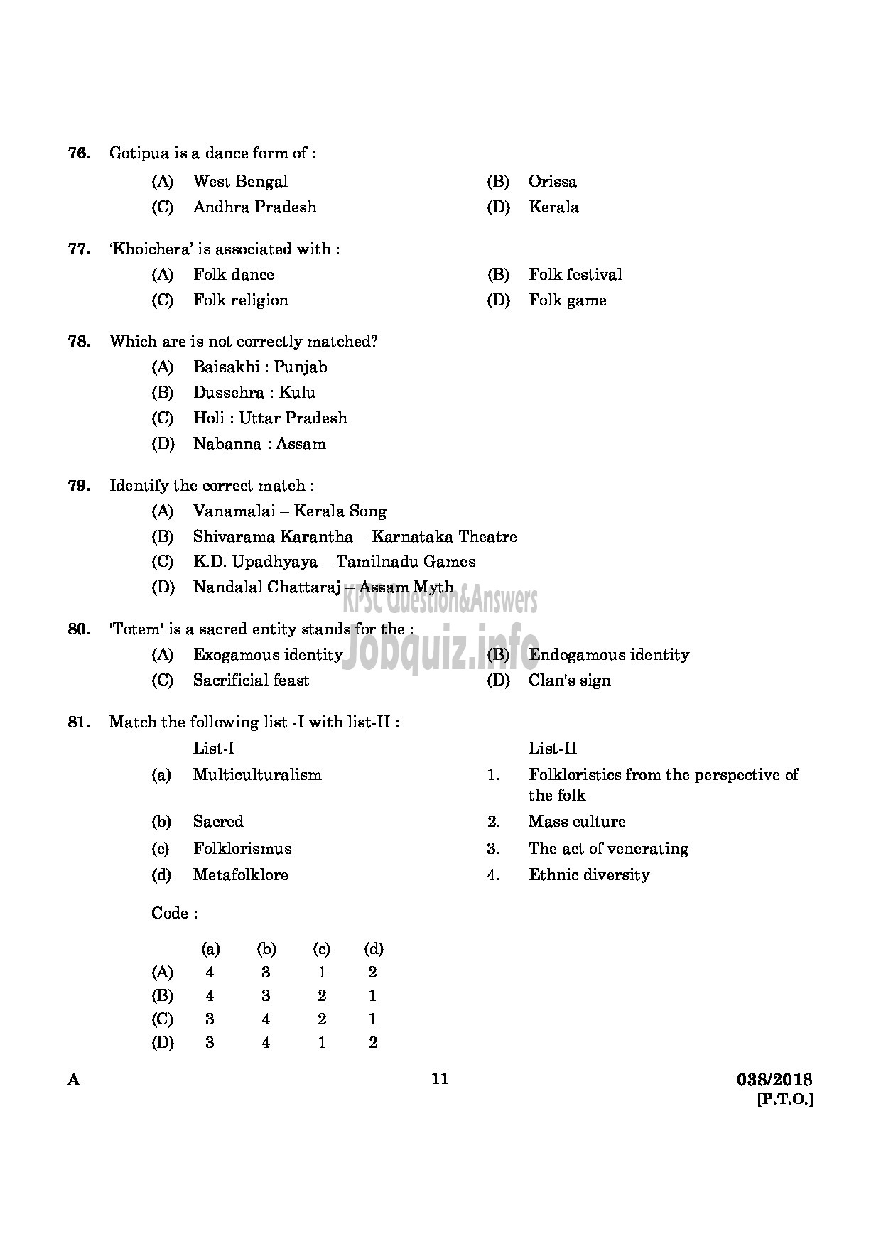 Kerala PSC Question Paper - RESEARCH ASSISTANT FOLKLORE ARCHAEOLOGY-9