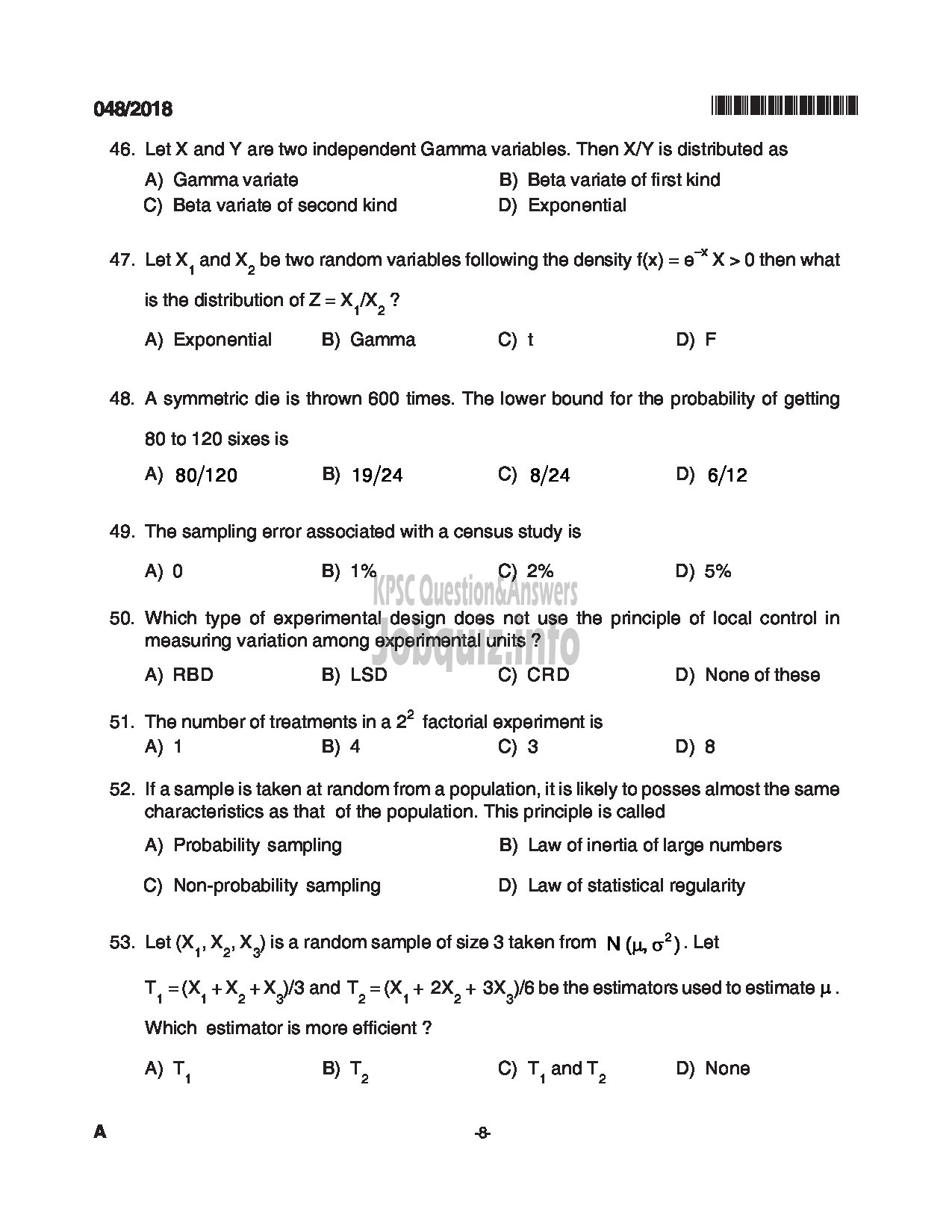 Kerala PSC Question Paper - RESEARCH ASSISTANT STATE PLANNING BOARD-8