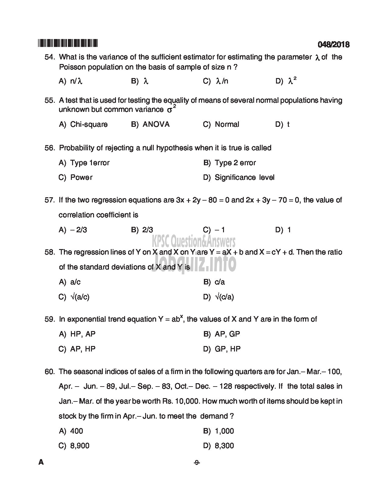 Kerala PSC Question Paper - RESEARCH ASSISTANT STATE PLANNING BOARD-9