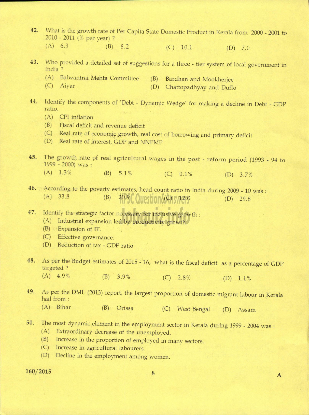 Kerala PSC Question Paper - RESEARCH OFFICER ECONOMICS AND STATISTICS-6