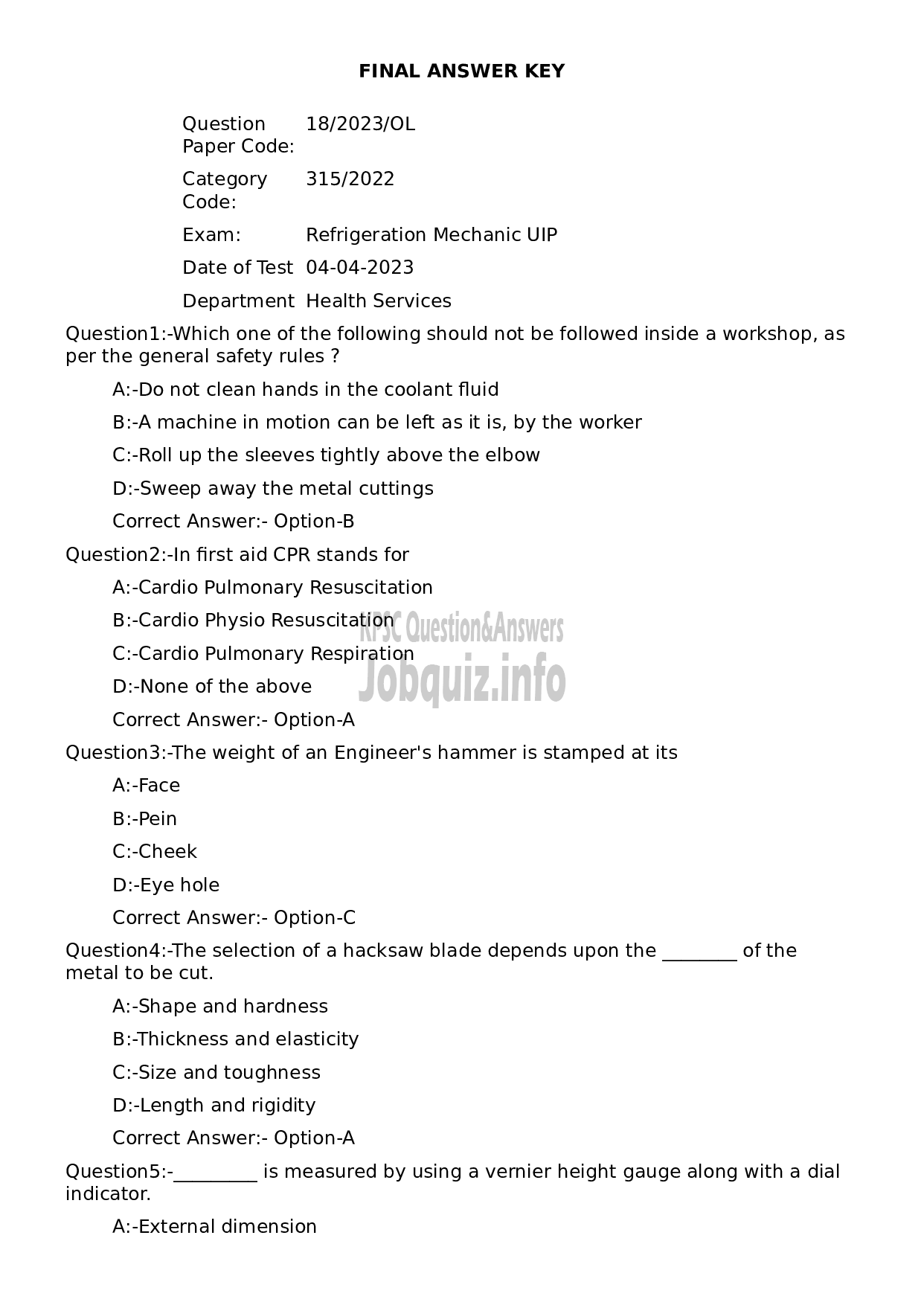 Kerala PSC Question Paper - Refrigeration Mechanic UIP-1