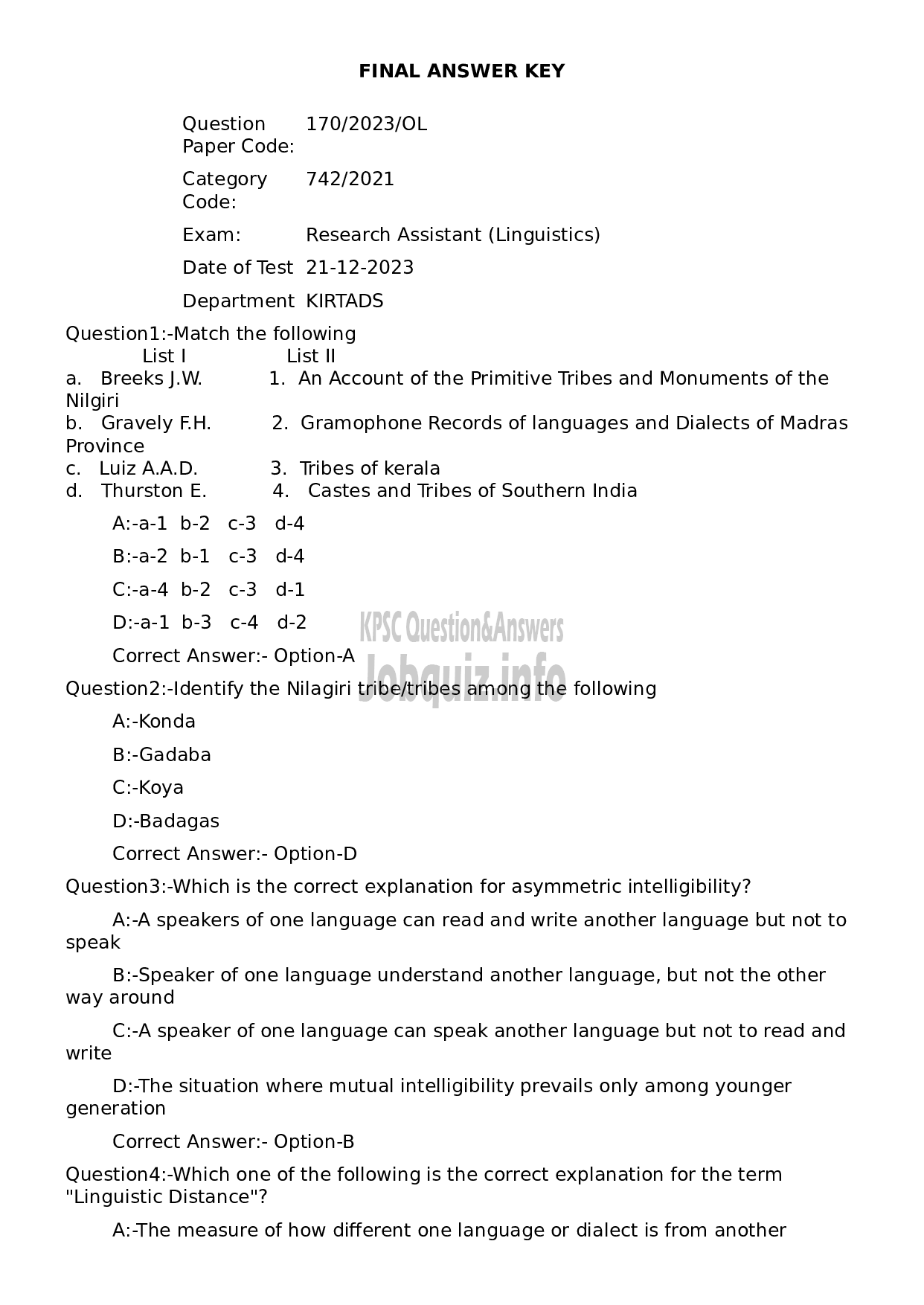 Kerala PSC Question Paper - Research Assistant (Linguistics)-1