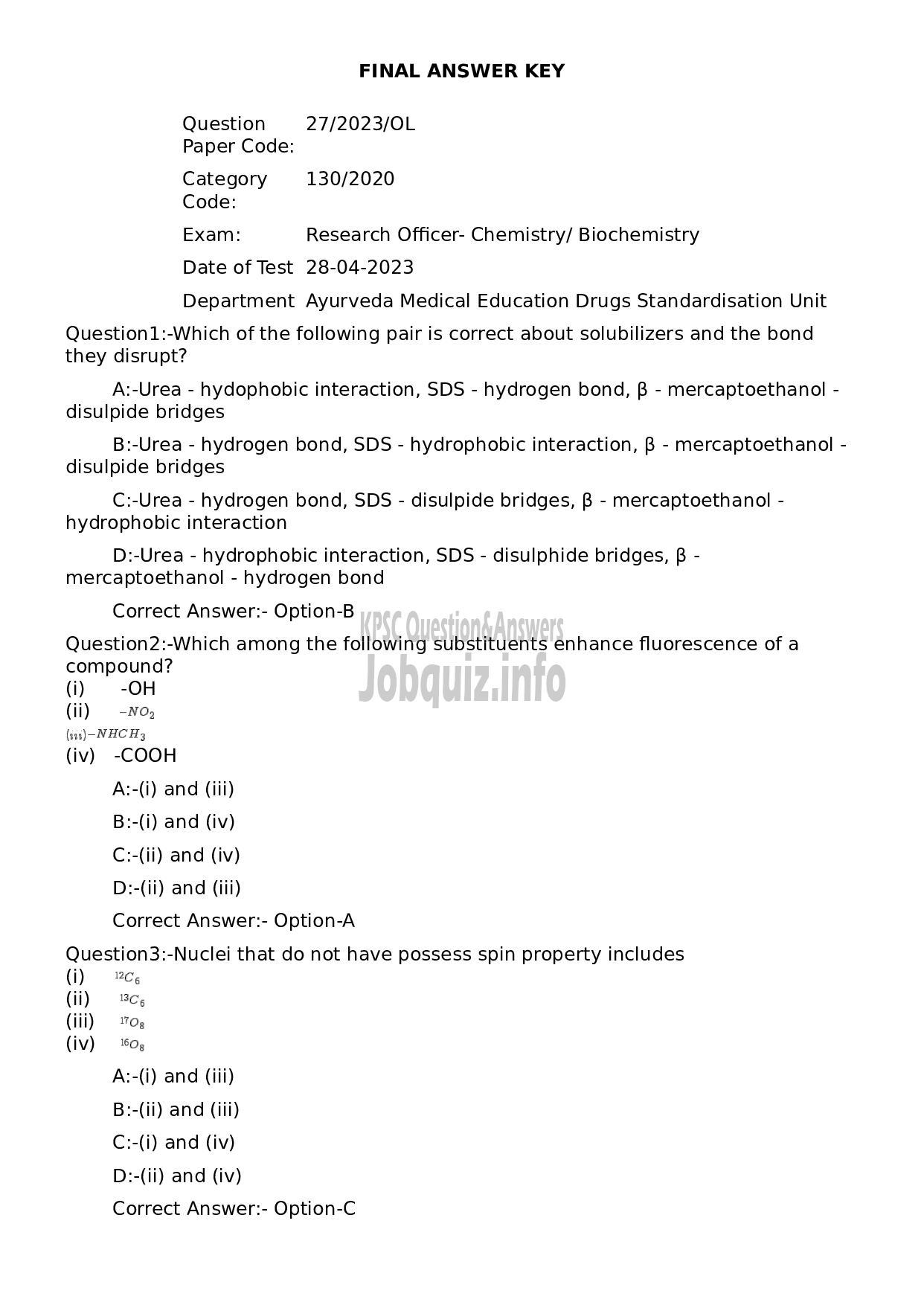 Kerala PSC Question Paper - Research Officer- Chemistry/ Biochemistry-1