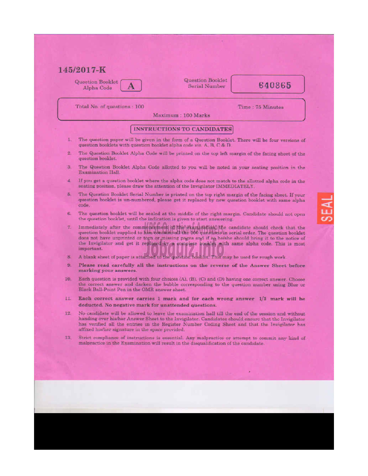 Kerala PSC Question Paper - SALESMAN/SALESWOMEN GENERAL CATEGORY HANTEX LTD KANNADA-1