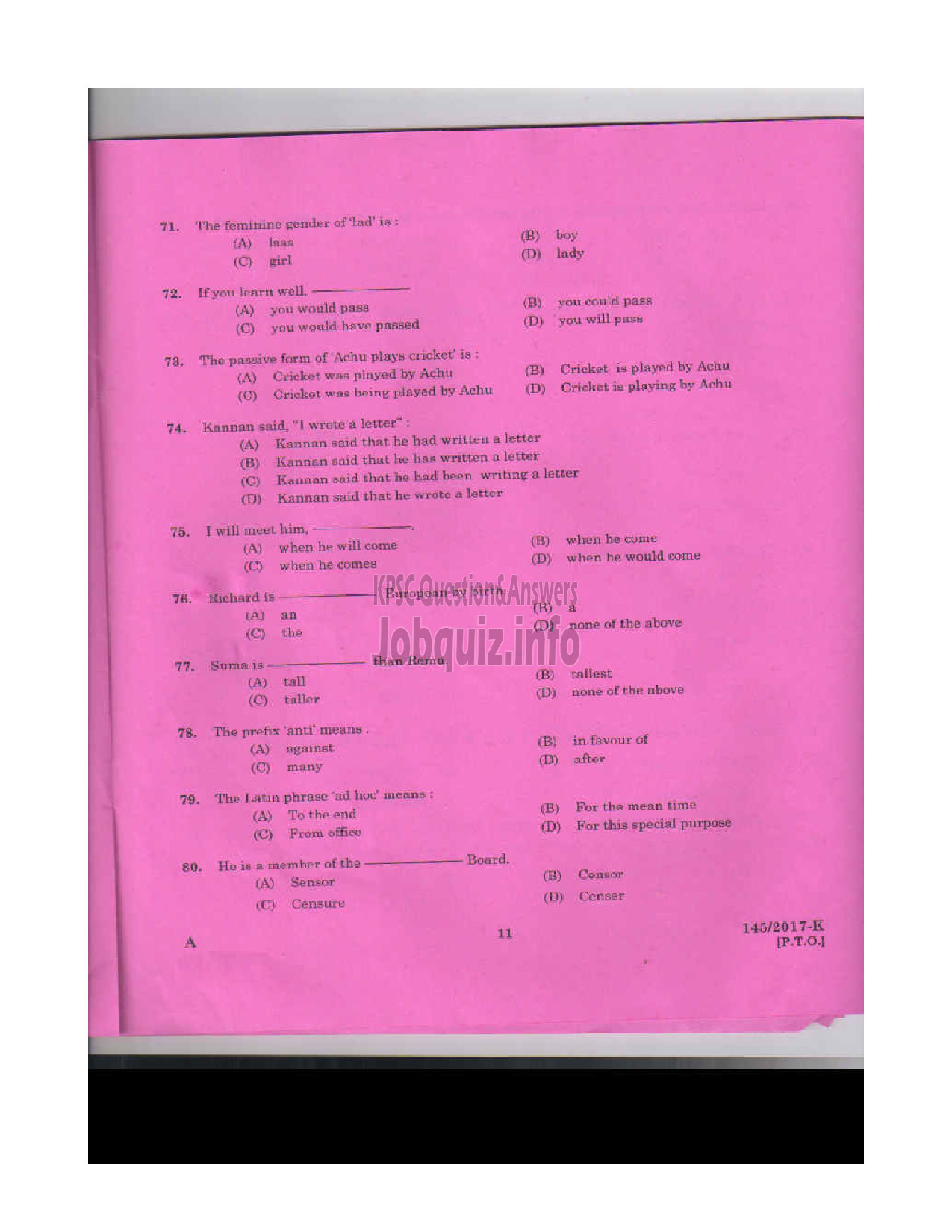 Kerala PSC Question Paper - SALESMAN/SALESWOMEN GENERAL CATEGORY HANTEX LTD KANNADA-10