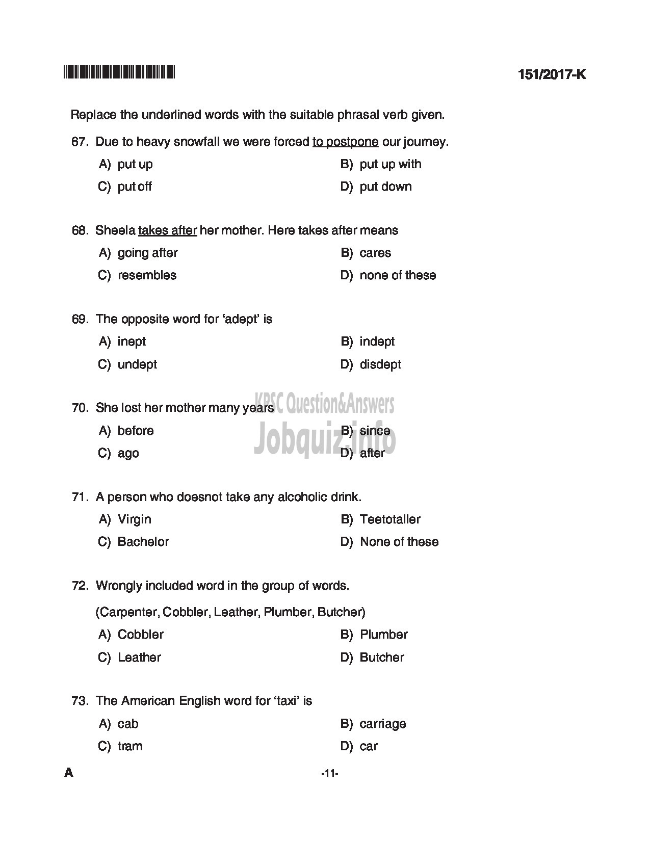 Kerala PSC Question Paper - SALESMAN/SALESWOMEN GENERAL CATEGORY HANTEX LTD KANNADA-11