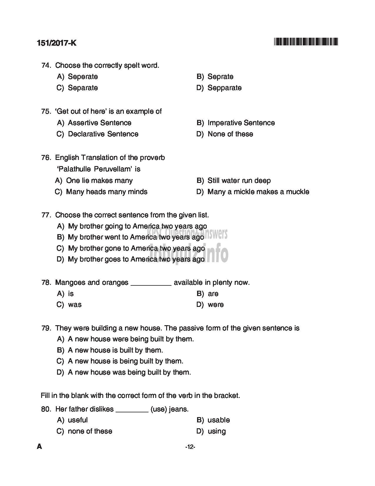 Kerala PSC Question Paper - SALESMAN/SALESWOMEN GENERAL CATEGORY HANTEX LTD KANNADA-12