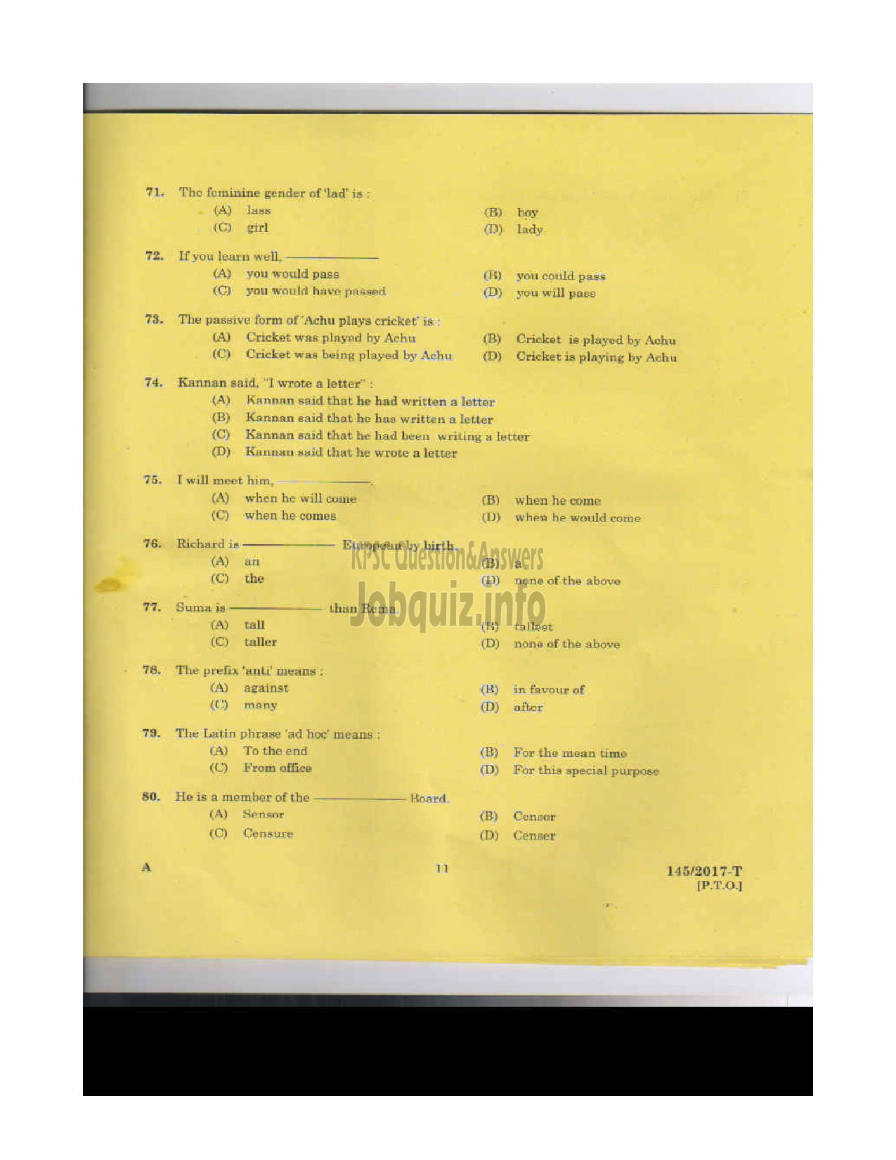Kerala PSC Question Paper - SALESMAN/SALESWOMEN GENERAL CATEGORY HANTEX LTD TAMIL HELD ON 09.12.2017-10