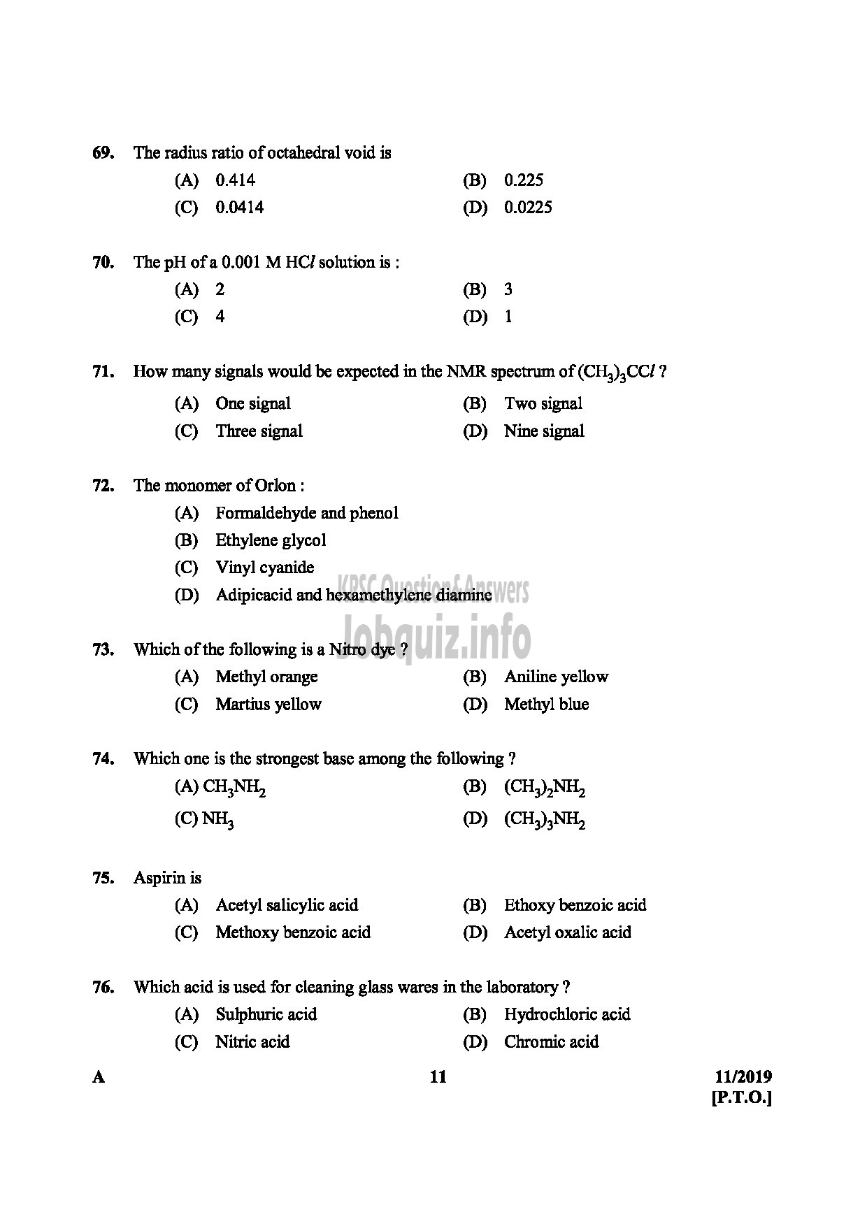 Kerala PSC Question Paper - SANITARY CHEMIST KERALA WATER AUTHORITY TECHNICAL ASSISTANT CHEMICAL EXAMINERS LABORATORY LAB ASSISTANT-11