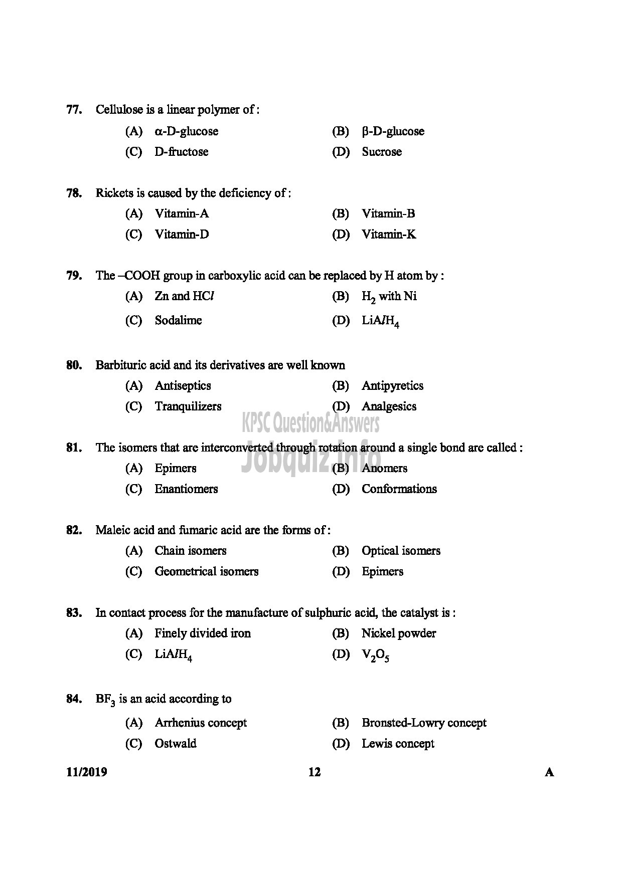 Kerala PSC Question Paper - SANITARY CHEMIST KERALA WATER AUTHORITY TECHNICAL ASSISTANT CHEMICAL EXAMINERS LABORATORY LAB ASSISTANT-12