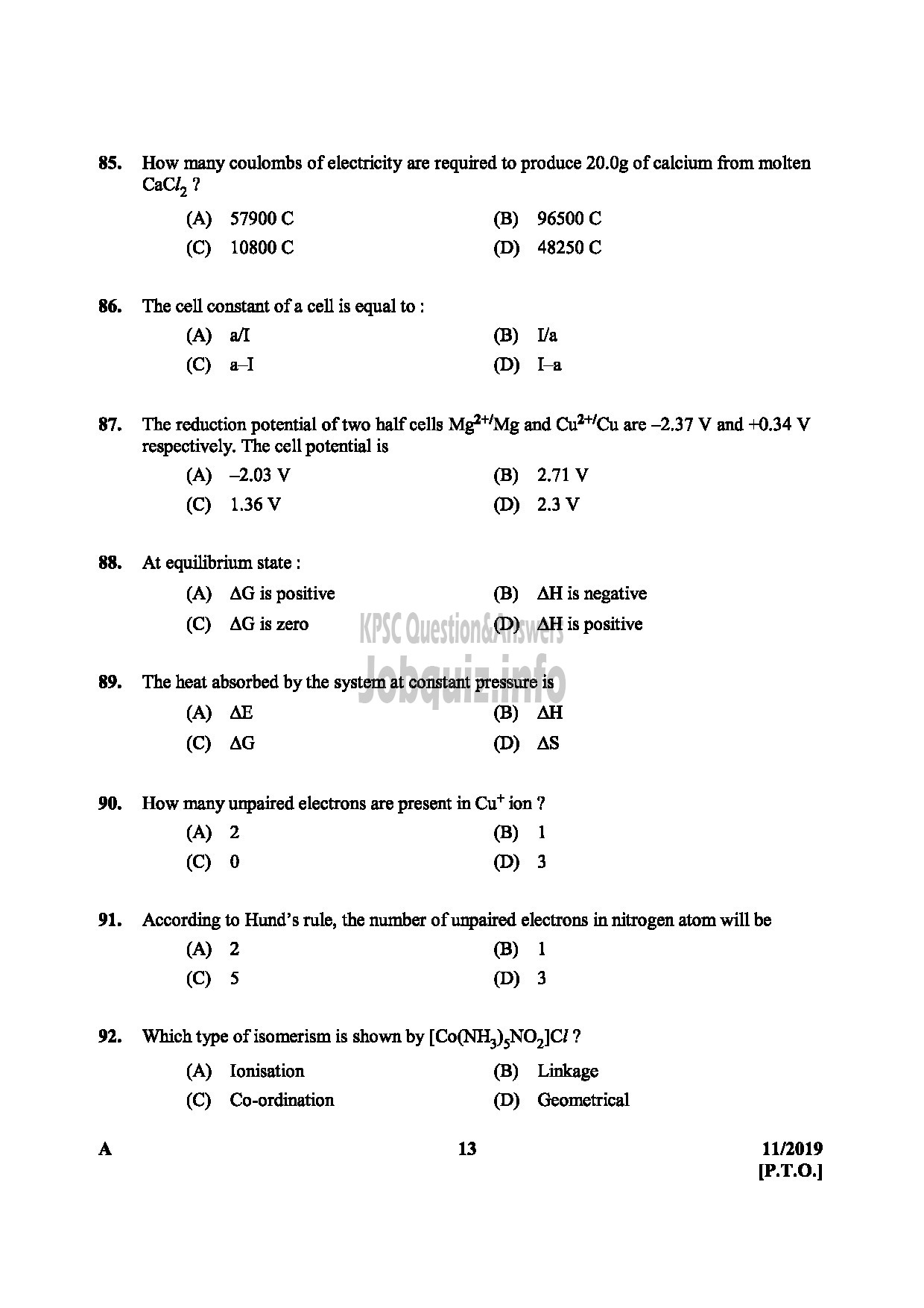 Kerala PSC Question Paper - SANITARY CHEMIST KERALA WATER AUTHORITY TECHNICAL ASSISTANT CHEMICAL EXAMINERS LABORATORY LAB ASSISTANT-13