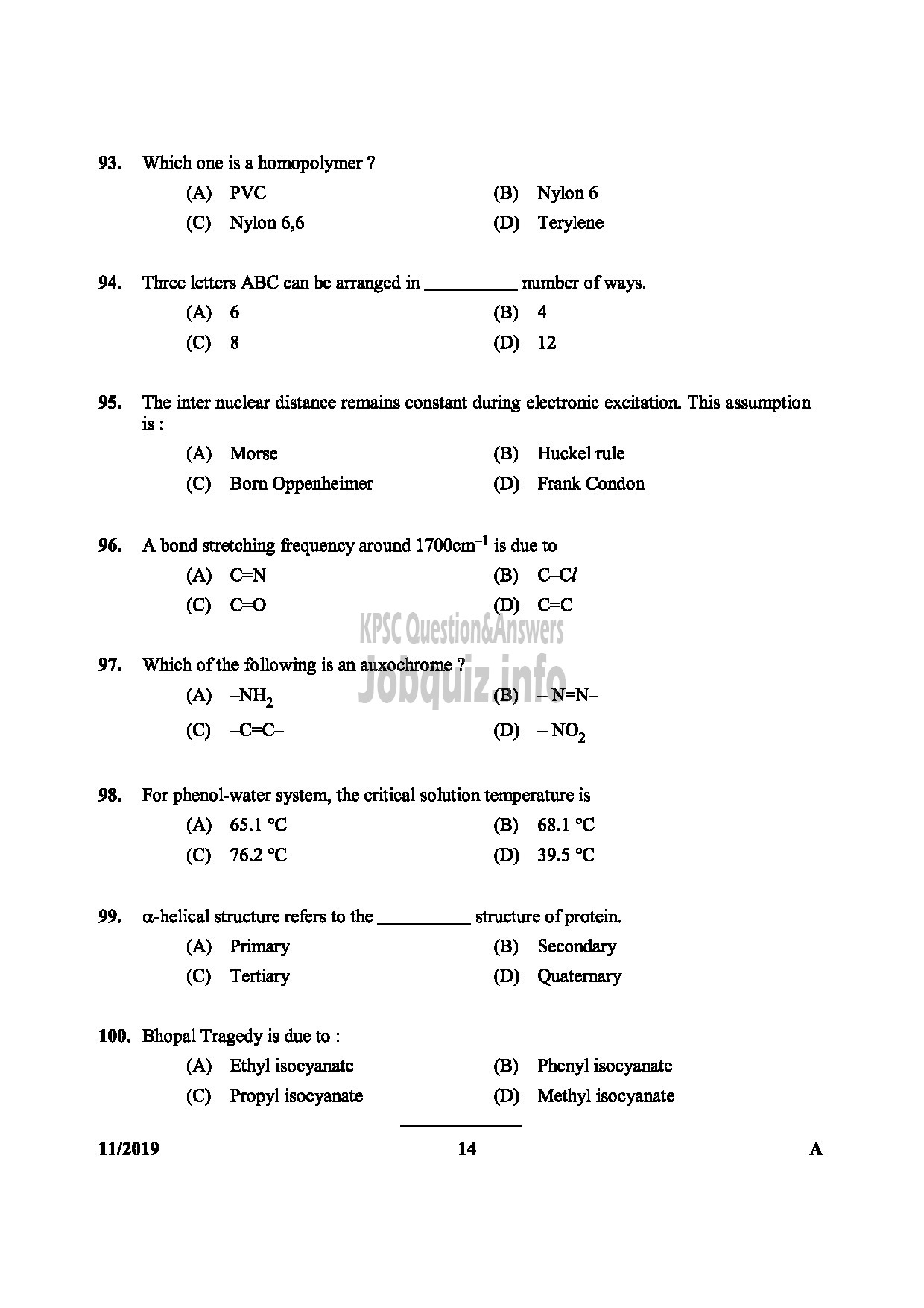 Kerala PSC Question Paper - SANITARY CHEMIST KERALA WATER AUTHORITY TECHNICAL ASSISTANT CHEMICAL EXAMINERS LABORATORY LAB ASSISTANT-14