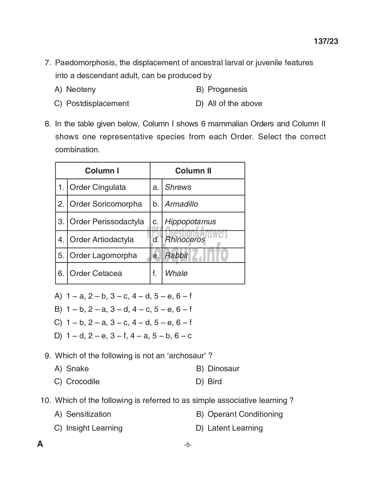 Kerala PSC Question Paper - SCIENTIFIC ASSISTANT (ANATOMY) ( Medical Education)-5