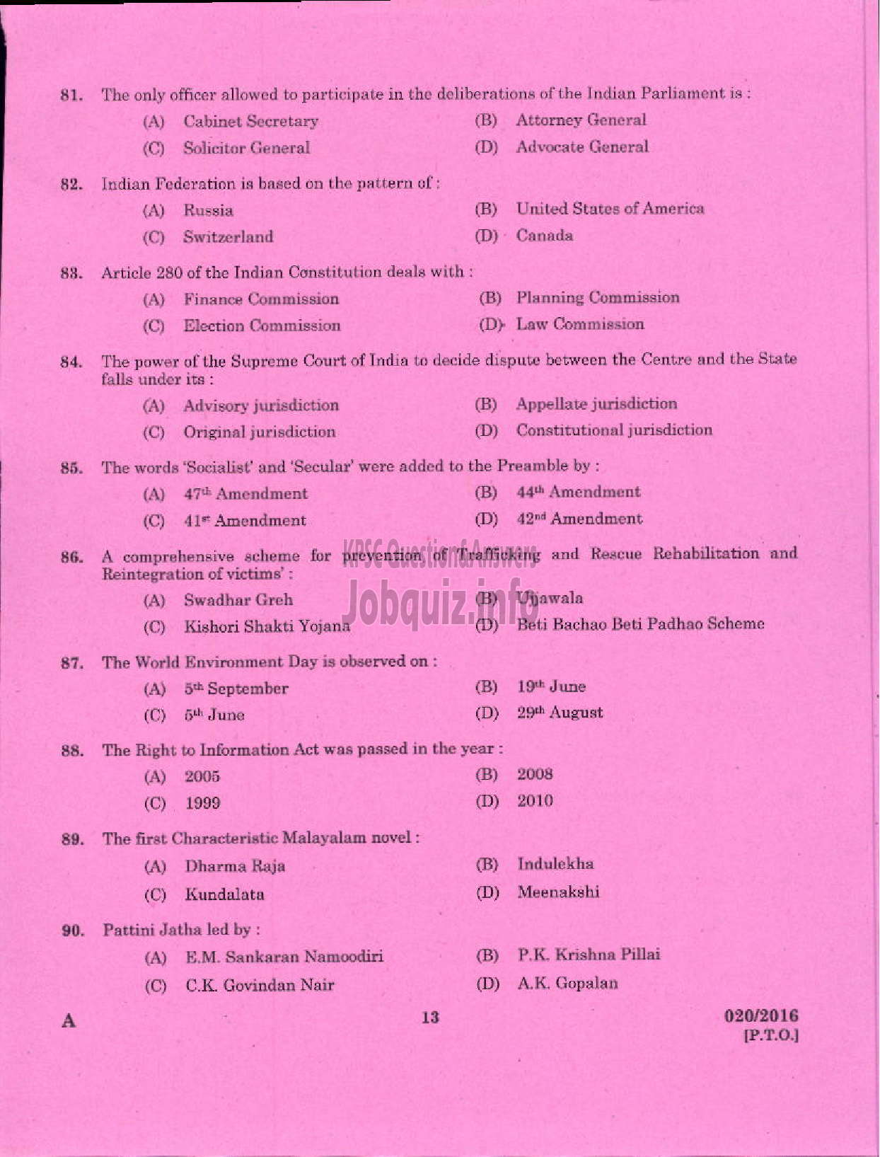 Kerala PSC Question Paper - SCIENTIFIC ASSISTANT DOCUMENTS POLICE FORENSIC SCIENCE LABORATORY-11