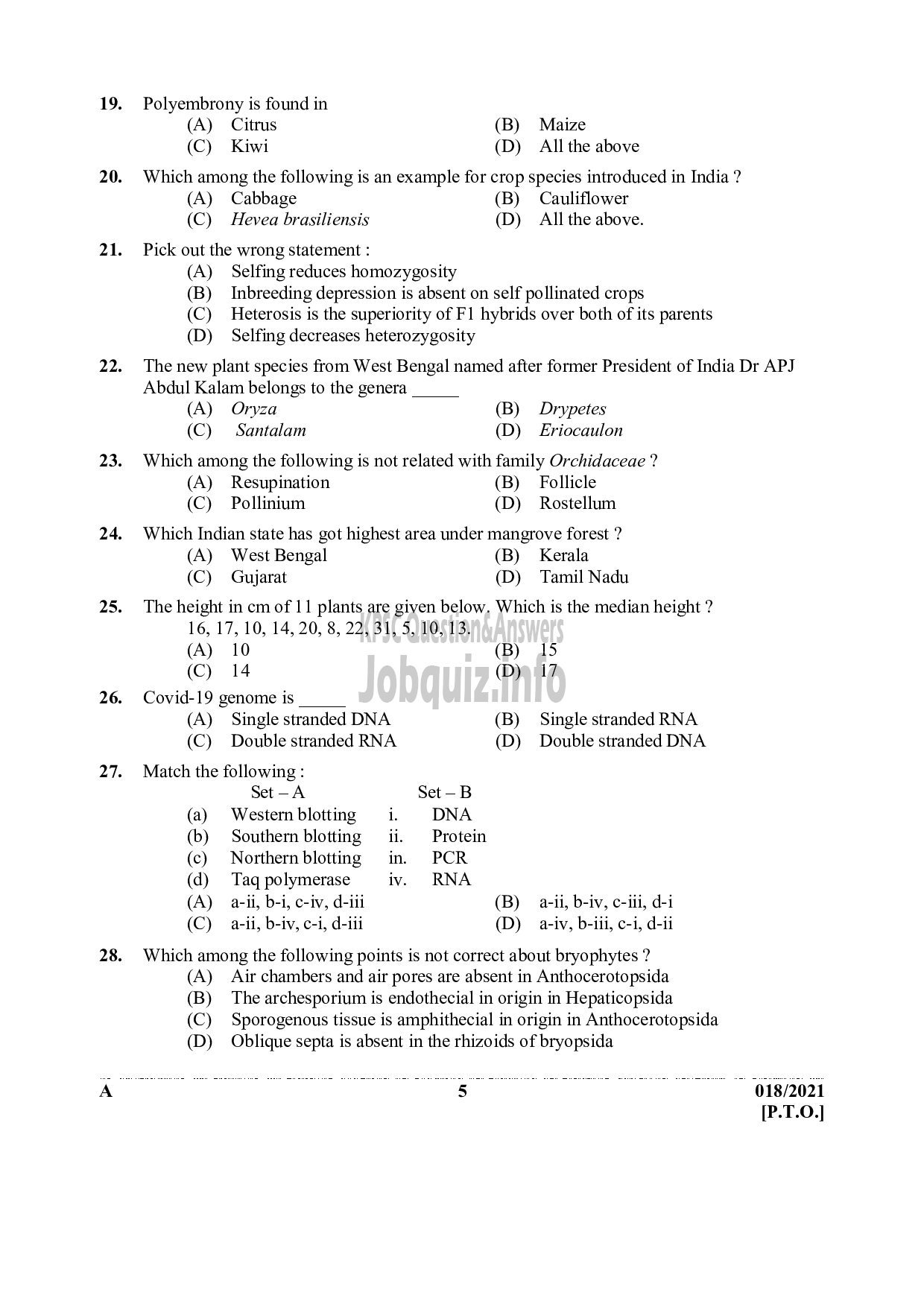 Kerala PSC Question Paper - SCIENTIFIC OFFICER (BIOLOGY) -KERALA POLICE SERVICE (FORENSIC SCIENCE LABORATORY)-5