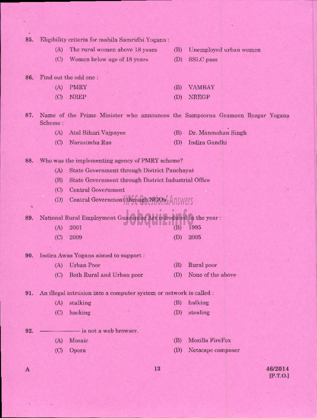 Kerala PSC Question Paper - SC DEVELOPMENT OFFICER SR FOR SC ST AND ST ONLY-11