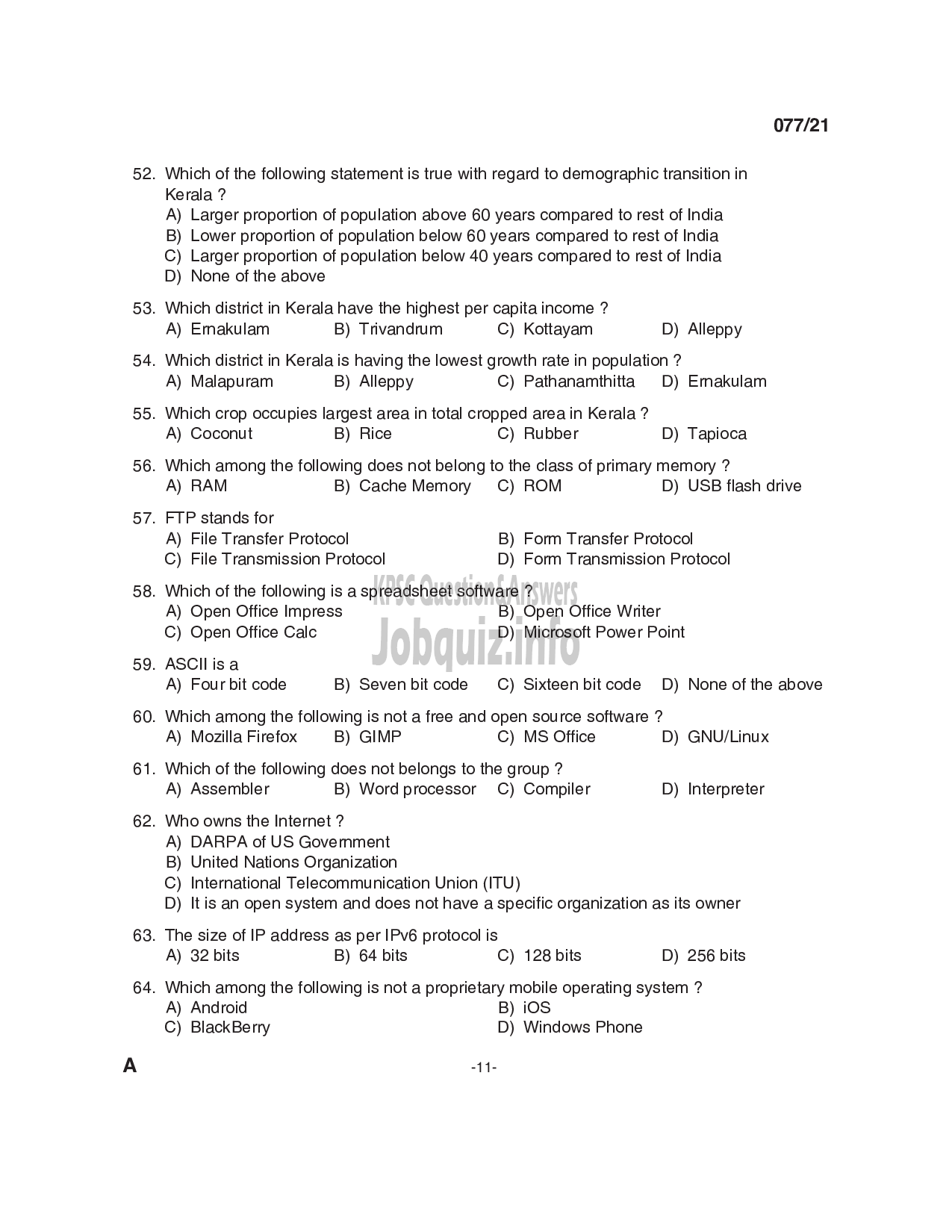 Kerala PSC Question Paper - SC Development Officer & District Manager - SC Development & Kerala State Development Corporation for SC/ST Ltd -11