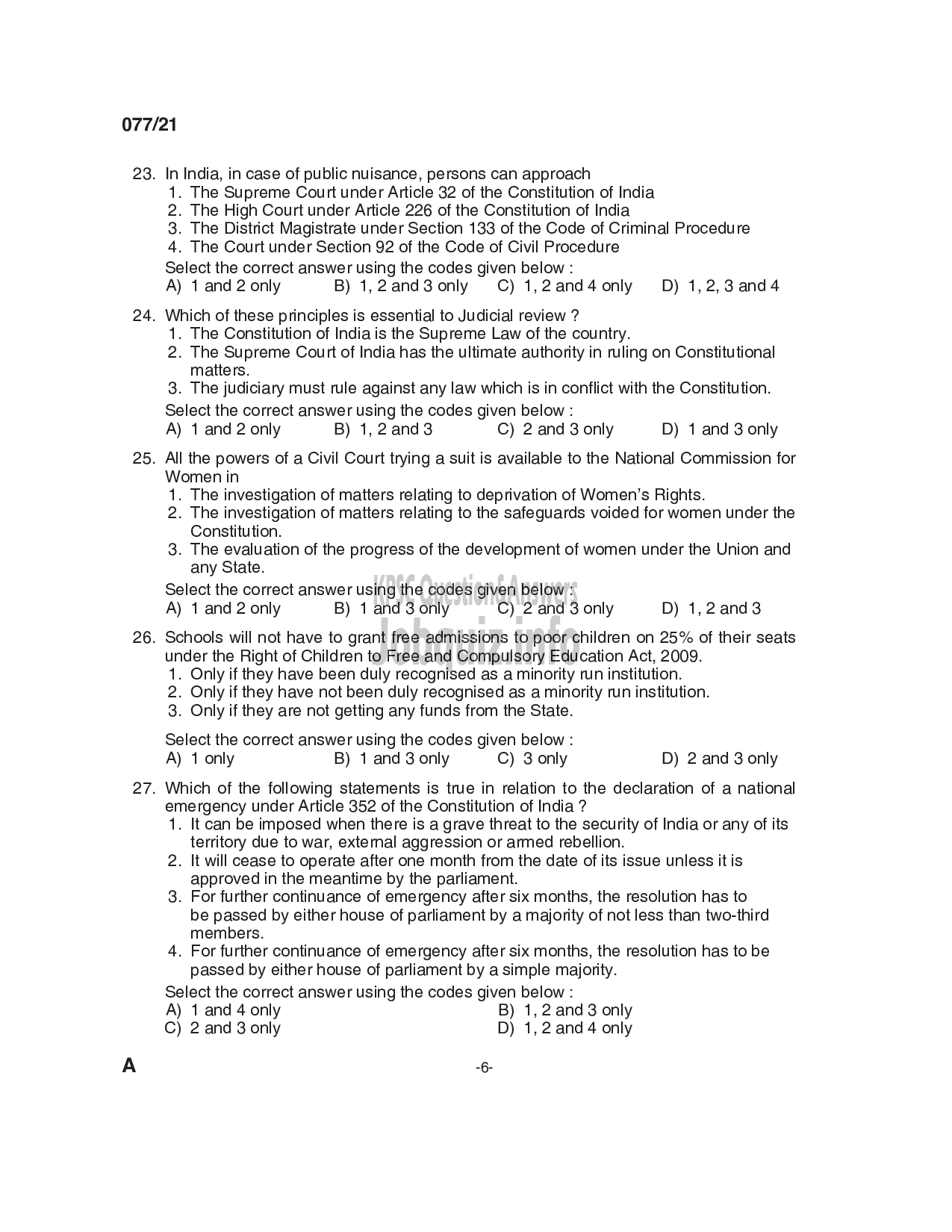 Kerala PSC Question Paper - SC Development Officer & District Manager - SC Development & Kerala State Development Corporation for SC/ST Ltd -6