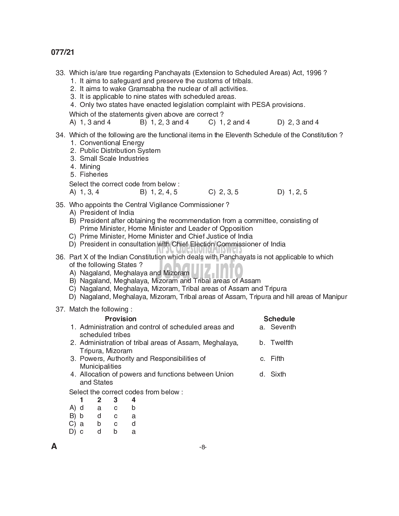 Kerala PSC Question Paper - SC Development Officer & District Manager - SC Development & Kerala State Development Corporation for SC/ST Ltd -8