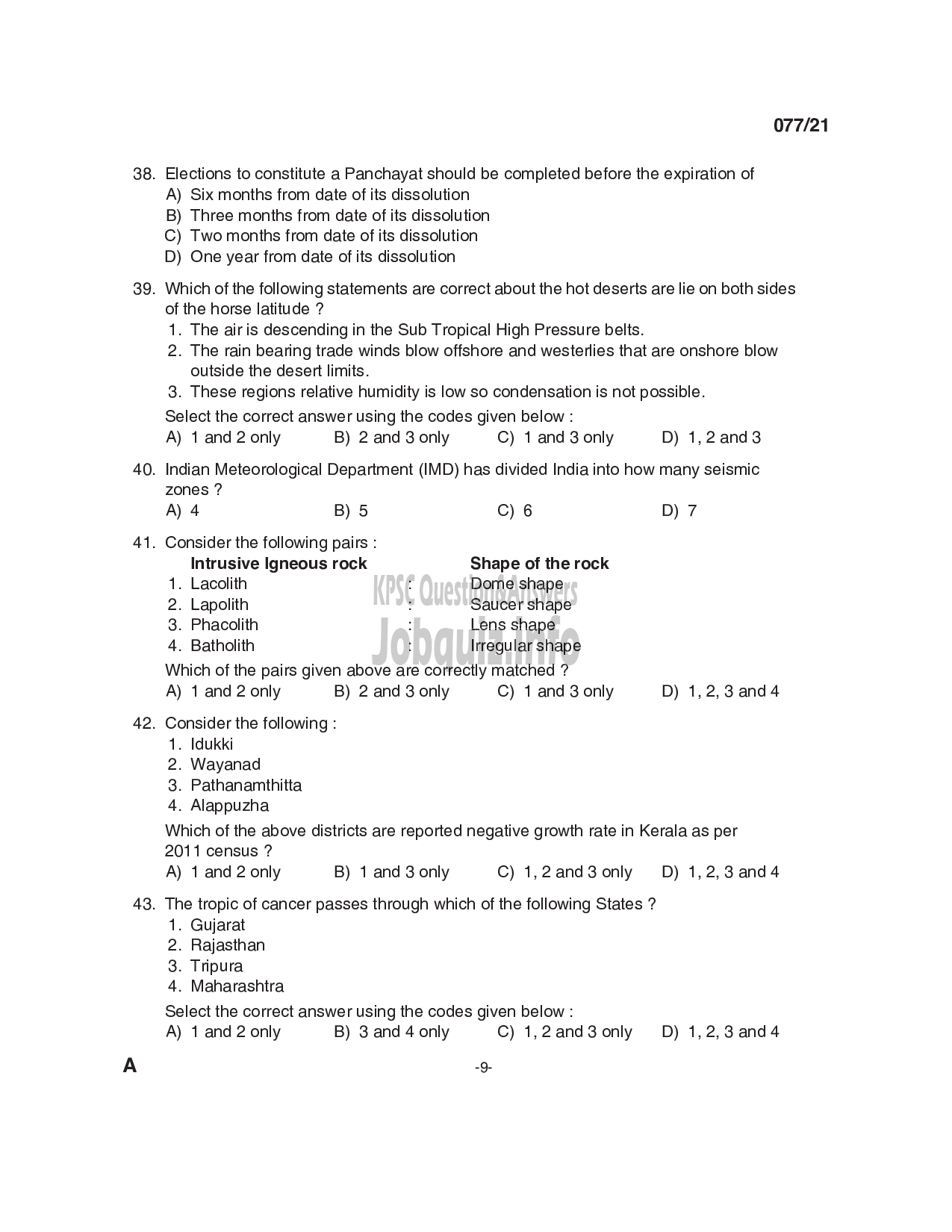 Kerala PSC Question Paper - SC Development Officer & District Manager - SC Development & Kerala State Development Corporation for SC/ST Ltd -9