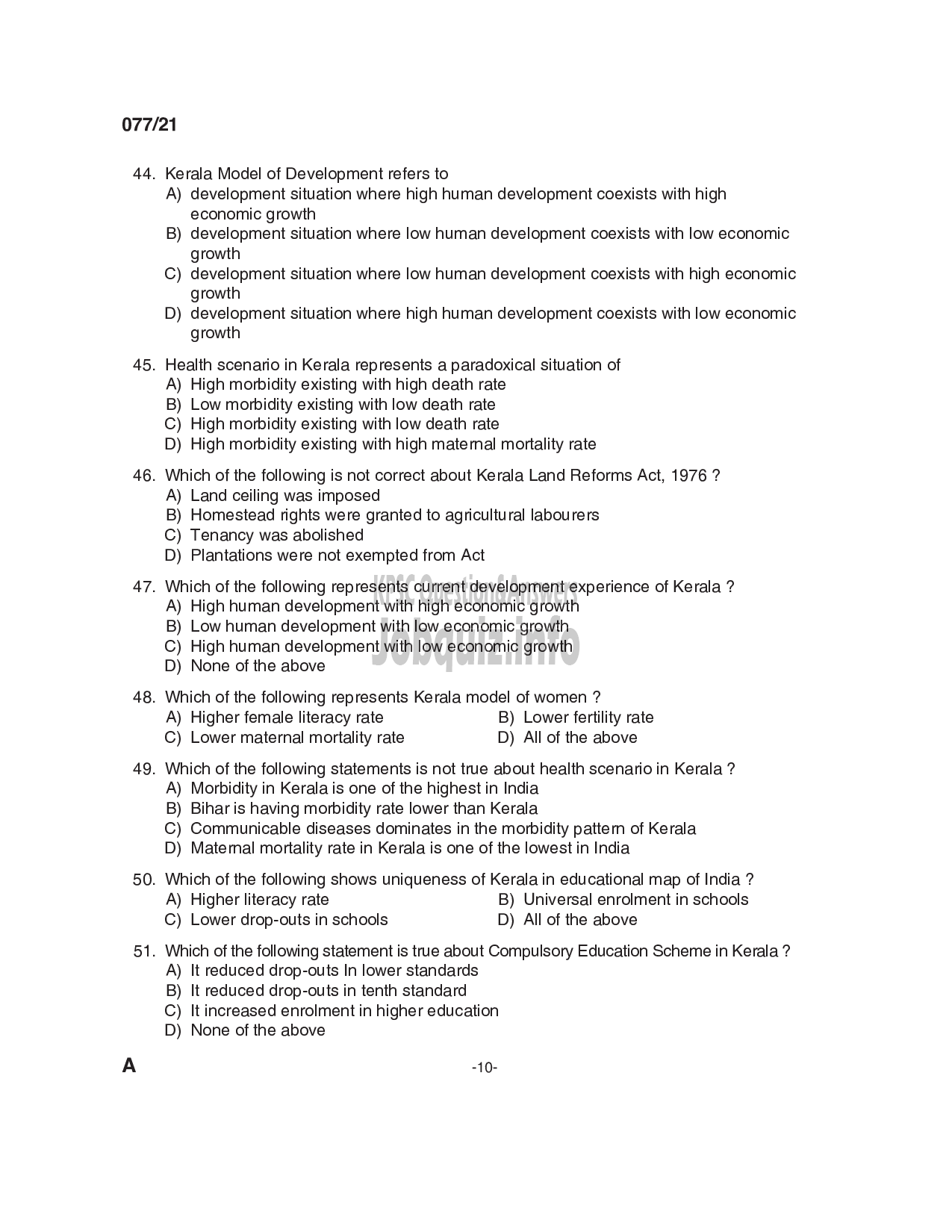 Kerala PSC Question Paper - SC Development Officer & District Manager - SC Development & Kerala State Development Corporation for SC/ST Ltd -10