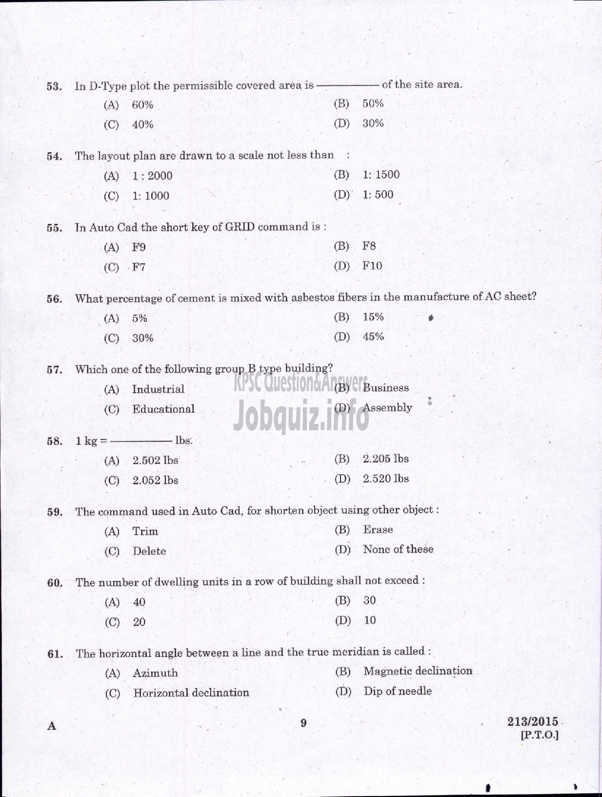 Kerala PSC Question Paper - SECOND GRADE OVERSEER/ESCOND GRADE DRAFTSMAN LOCALSELF GOVERNMENT-7