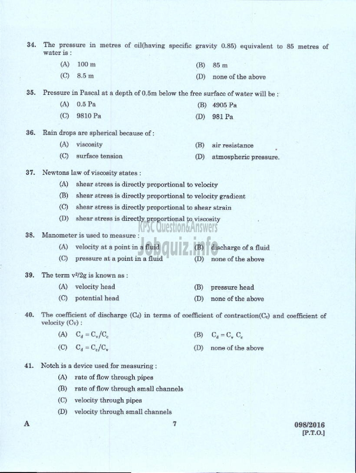 Kerala PSC Question Paper - SENIOR DRILLER GROUND WATER-5