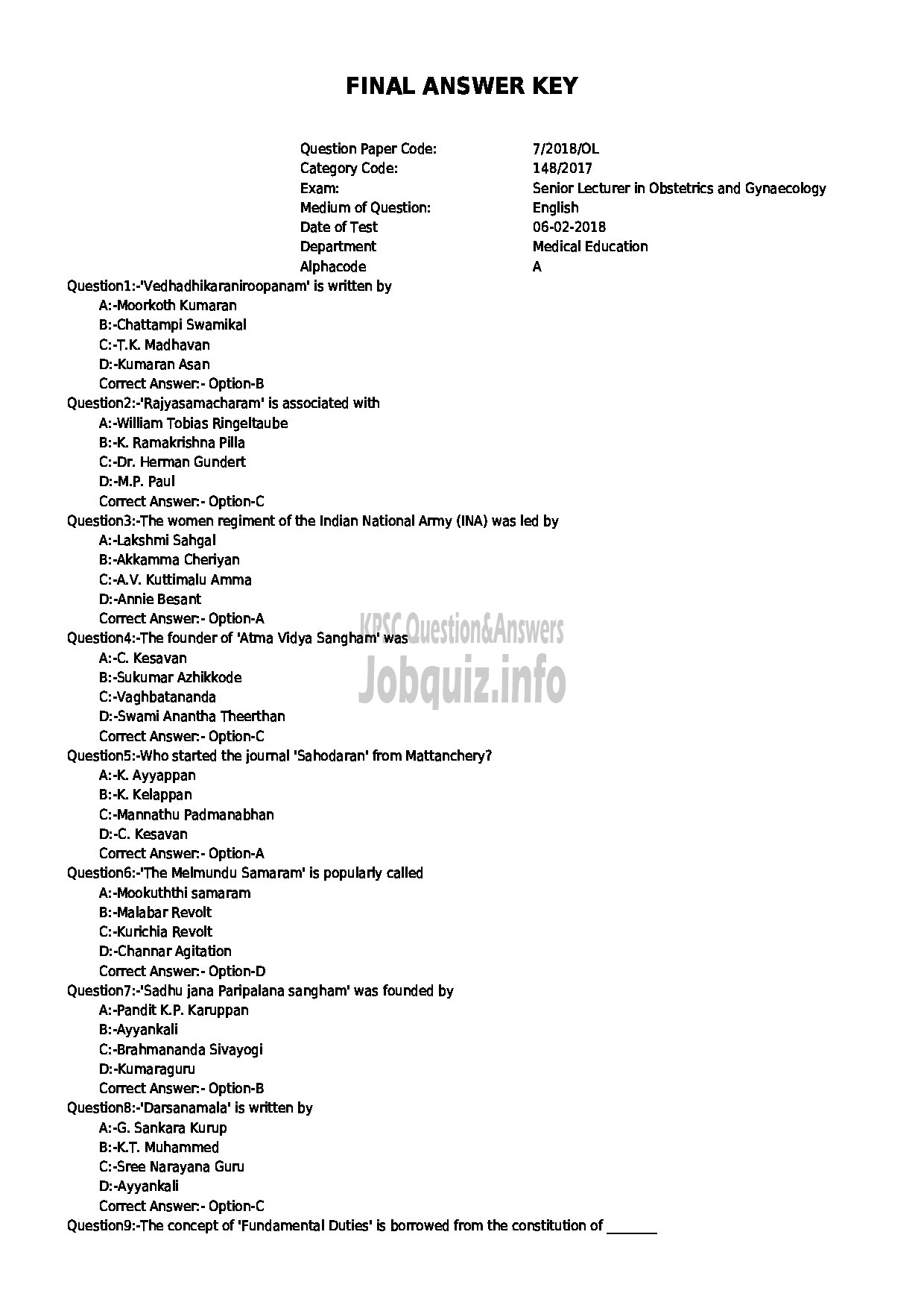 Kerala PSC Question Paper - SENIOR LECTURER IN OBTETRICS AND GYNAECOLOGY MEDICAL EDUCATION-1