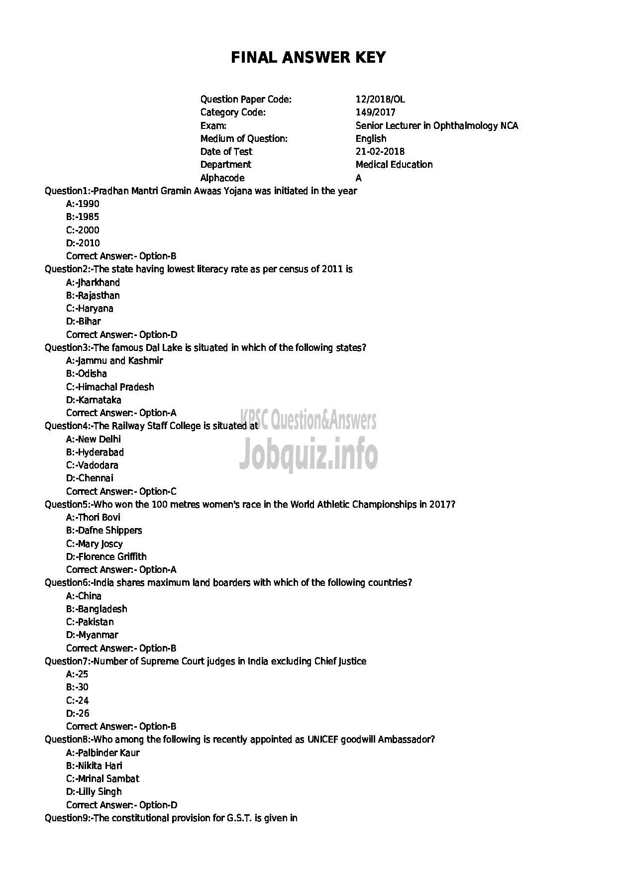 Kerala PSC Question Paper - SENIOR LECTURER IN OPTHALMOLOGY NCA MEDICAL EDUCATION-1