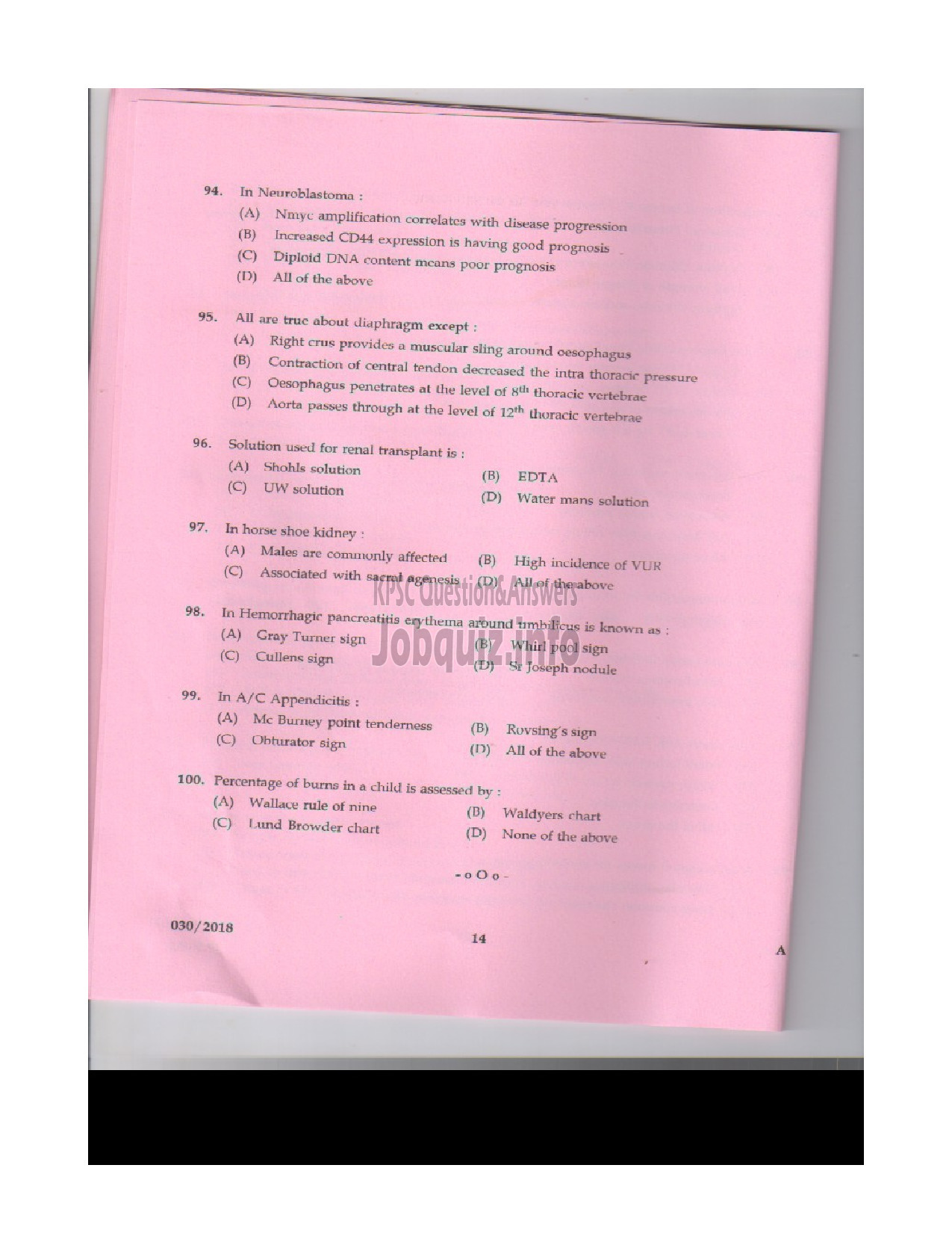 Kerala PSC Question Paper - SENIOR LECTURER IN PAEDIATRIC SURGERY MEDICAL EDUCATION-13