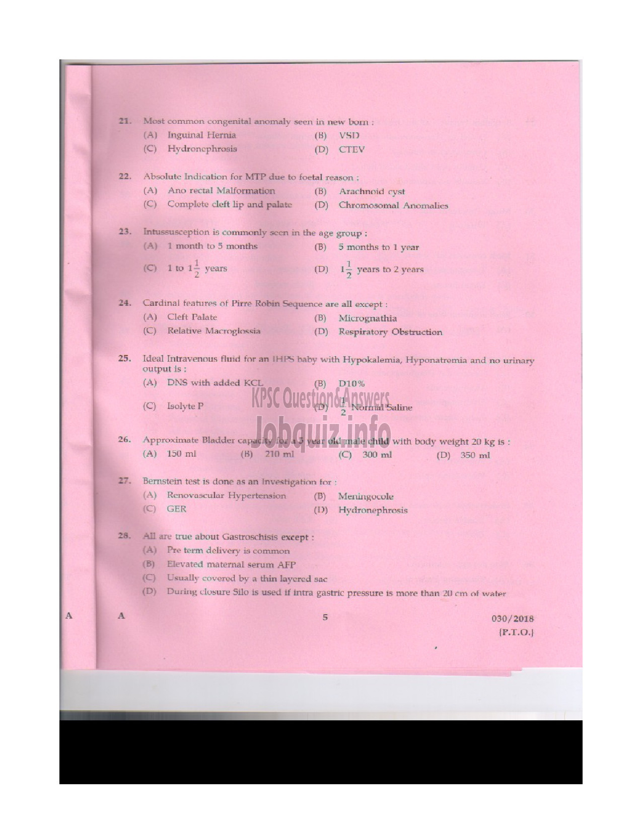 Kerala PSC Question Paper - SENIOR LECTURER IN PAEDIATRIC SURGERY MEDICAL EDUCATION-4