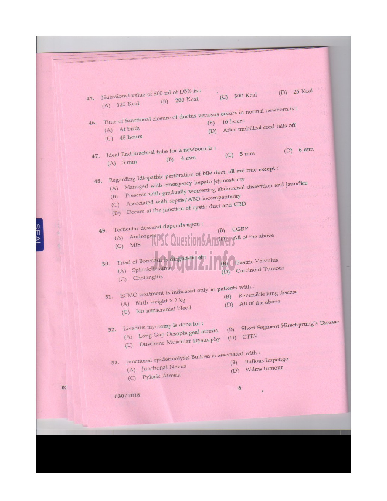 Kerala PSC Question Paper - SENIOR LECTURER IN PAEDIATRIC SURGERY MEDICAL EDUCATION-7