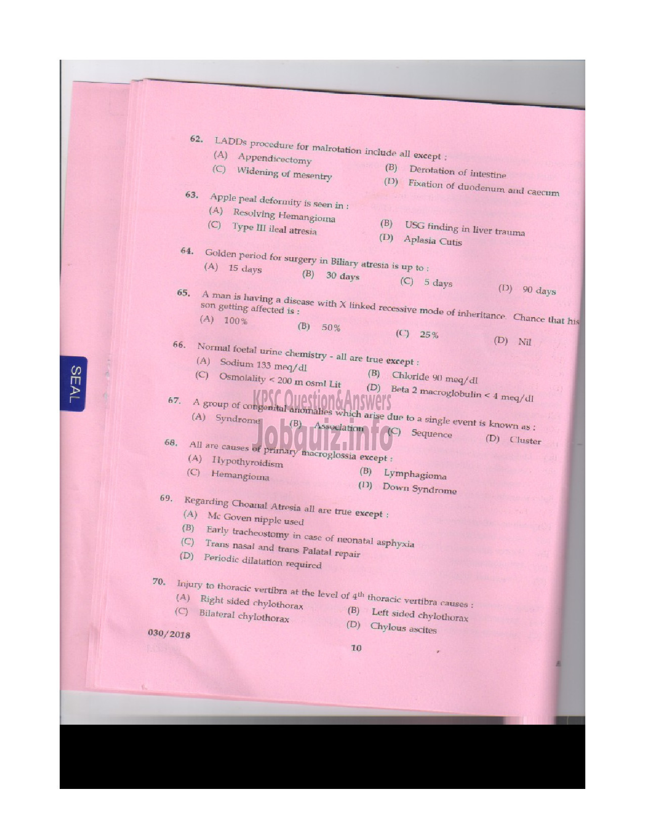 Kerala PSC Question Paper - SENIOR LECTURER IN PAEDIATRIC SURGERY MEDICAL EDUCATION-9