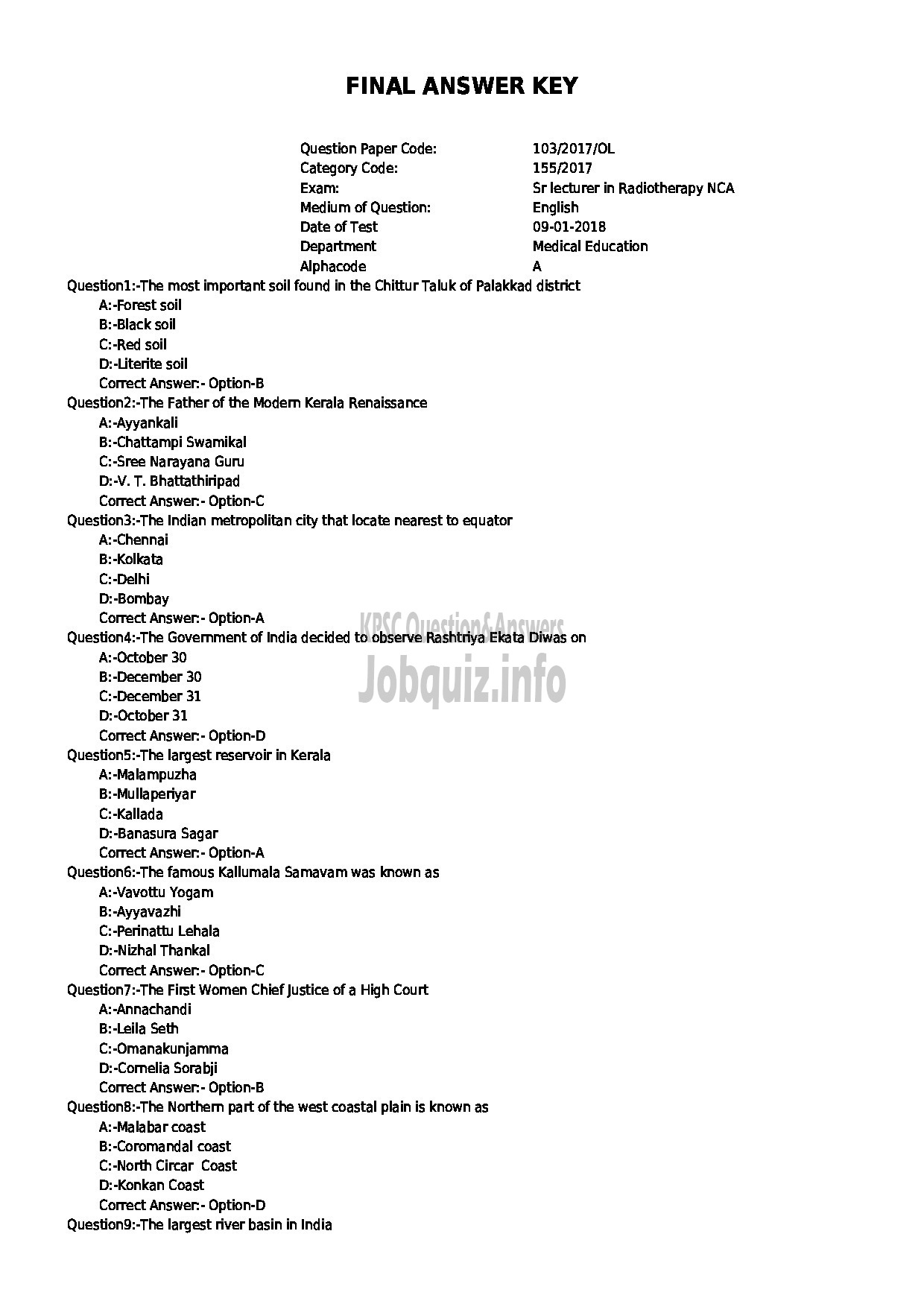 Kerala PSC Question Paper - SENIOR LECTURER IN RADIOTHERAPY NCA MEDICAL EDUCATION-1