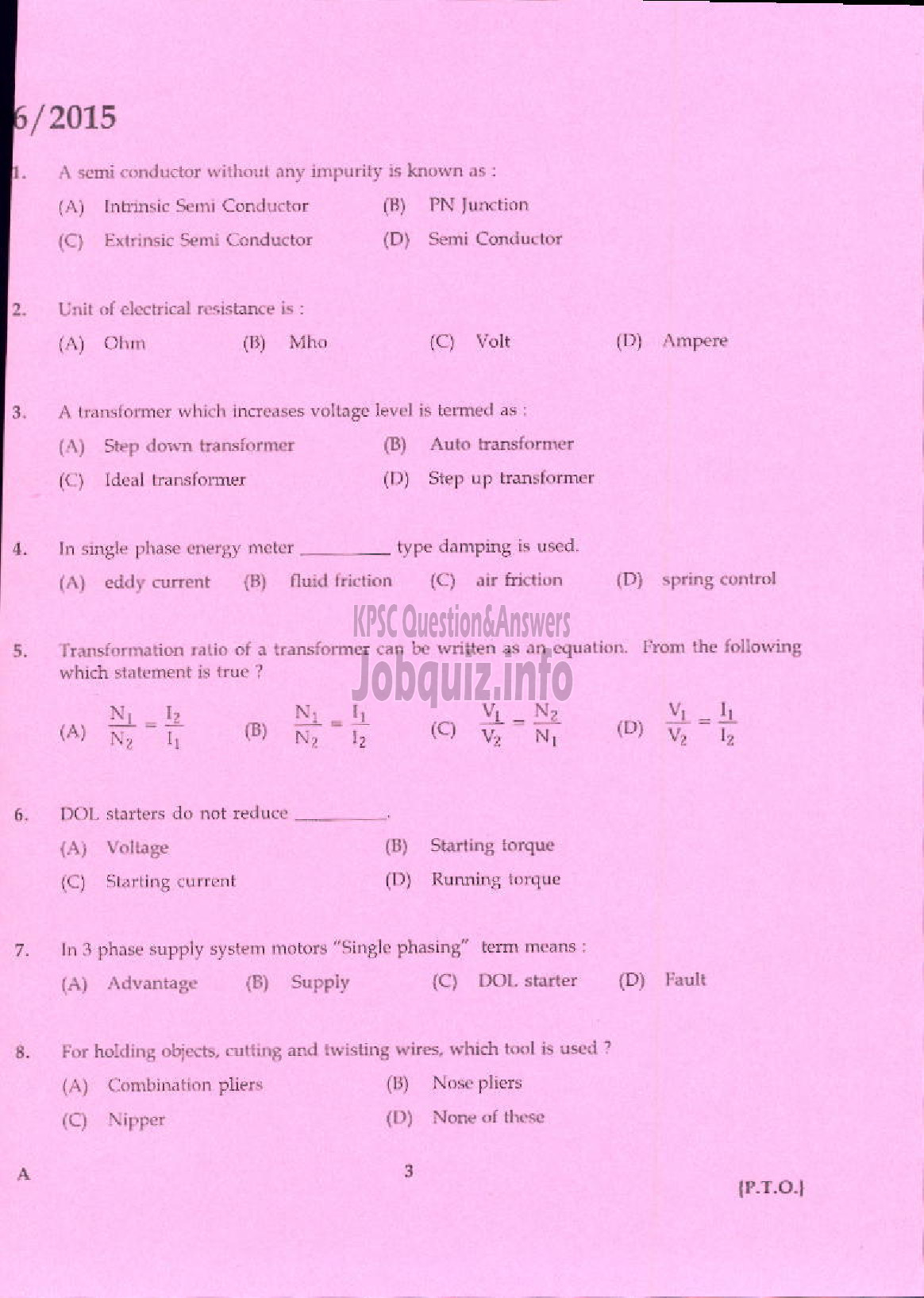 Kerala PSC Question Paper - SKILLED ASSISTANT GRADE II ELECTRICAL INSPECTORATE TVPM/PTA/TSR-1