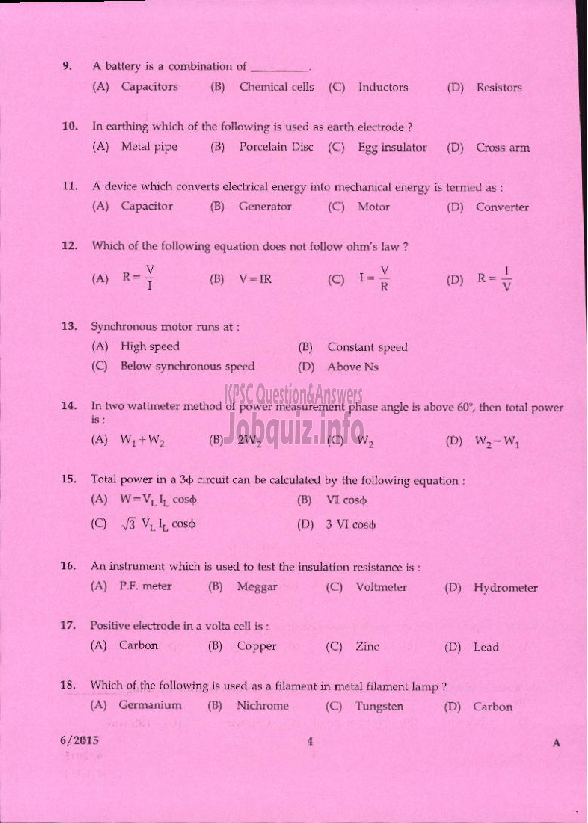 Kerala PSC Question Paper - SKILLED ASSISTANT GRADE II ELECTRICAL INSPECTORATE TVPM/PTA/TSR-2