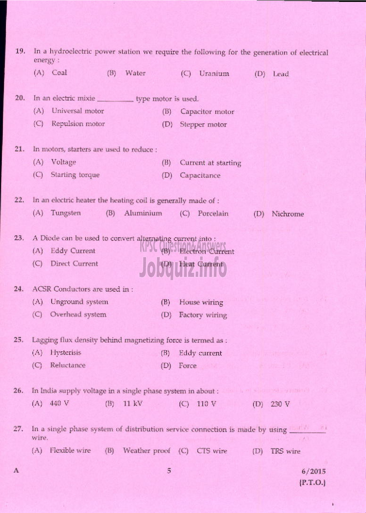Kerala PSC Question Paper - SKILLED ASSISTANT GRADE II ELECTRICAL INSPECTORATE TVPM/PTA/TSR-3