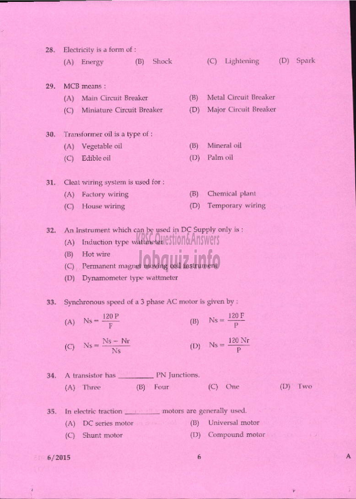 Kerala PSC Question Paper - SKILLED ASSISTANT GRADE II ELECTRICAL INSPECTORATE TVPM/PTA/TSR-4