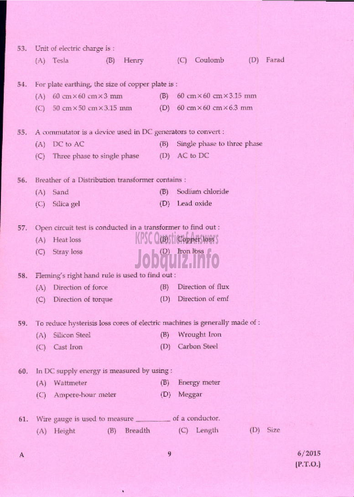 Kerala PSC Question Paper - SKILLED ASSISTANT GRADE II ELECTRICAL INSPECTORATE TVPM/PTA/TSR-7