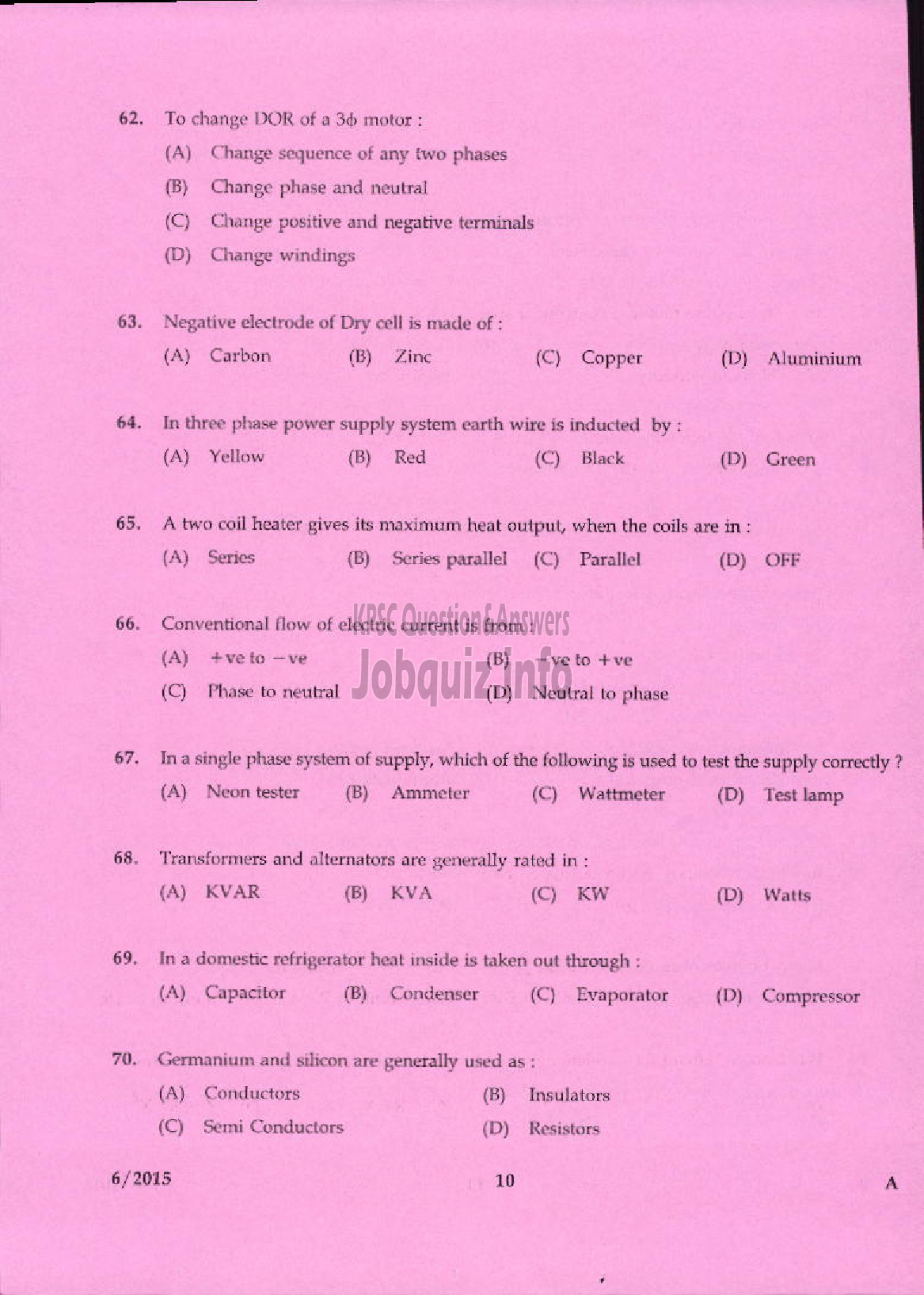 Kerala PSC Question Paper - SKILLED ASSISTANT GRADE II ELECTRICAL INSPECTORATE TVPM/PTA/TSR-8