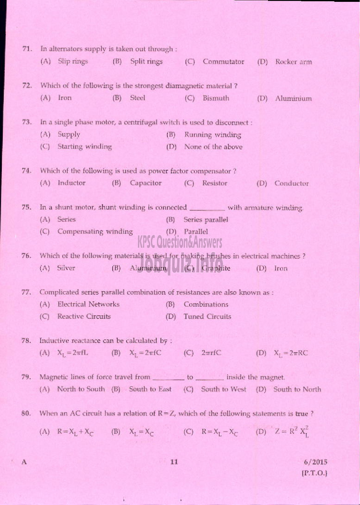 Kerala PSC Question Paper - SKILLED ASSISTANT GRADE II ELECTRICAL INSPECTORATE TVPM/PTA/TSR-9