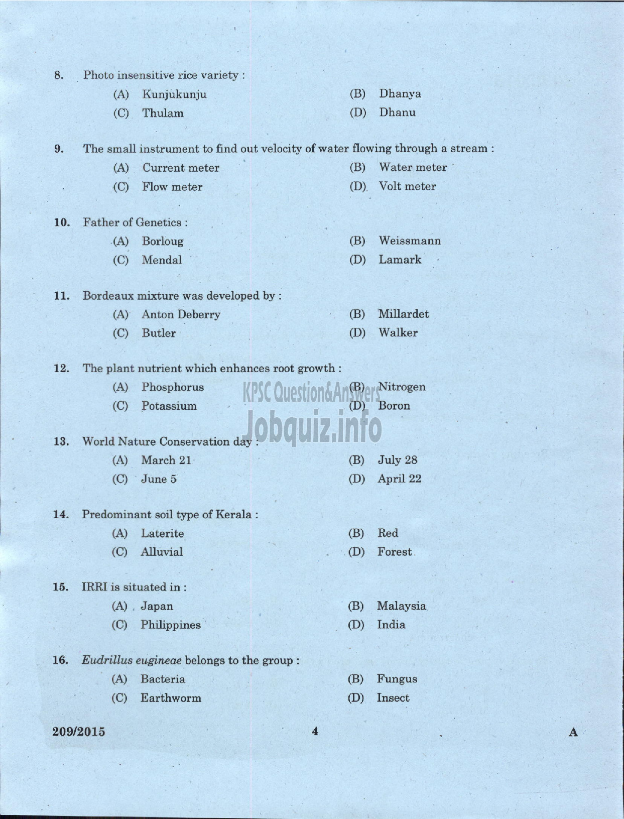 Kerala PSC Question Paper - SOIL SURVEY OFFICER / RESEARCH ASSISTNT / CARTOGRAPHER / TECHNICAL ASSISTANT SOIL SURVEY AND SOIL CONSERVATION-2