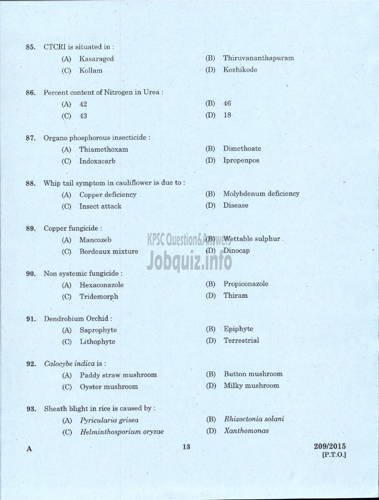 Kerala PSC Question Paper - SOIL SURVEY OFFICER / RESEARCH ASSISTNT / CARTOGRAPHER / TECHNICAL ASSISTANT SOIL SURVEY AND SOIL CONSERVATION-11