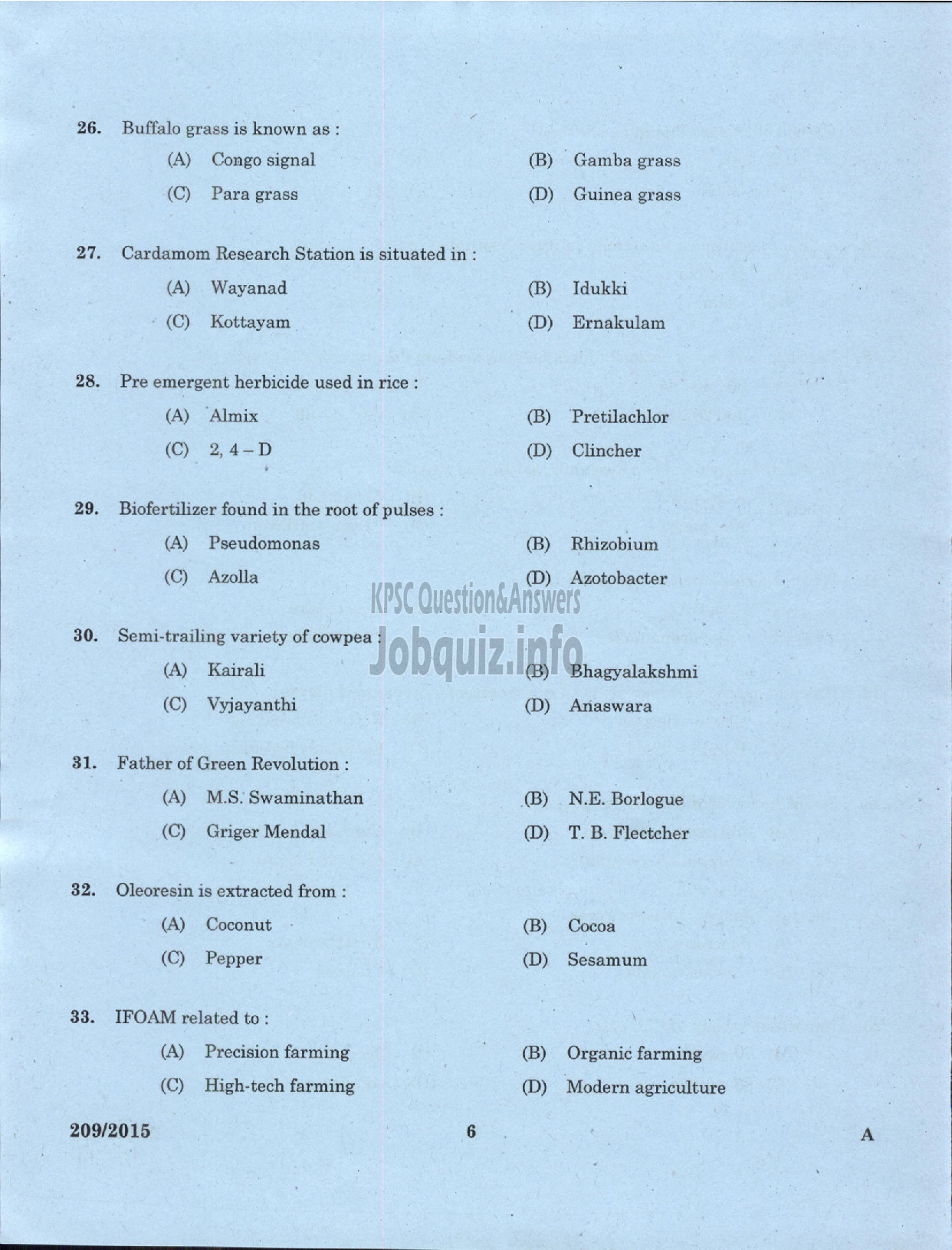 Kerala PSC Question Paper - SOIL SURVEY OFFICER / RESEARCH ASSISTNT / CARTOGRAPHER / TECHNICAL ASSISTANT SOIL SURVEY AND SOIL CONSERVATION-4