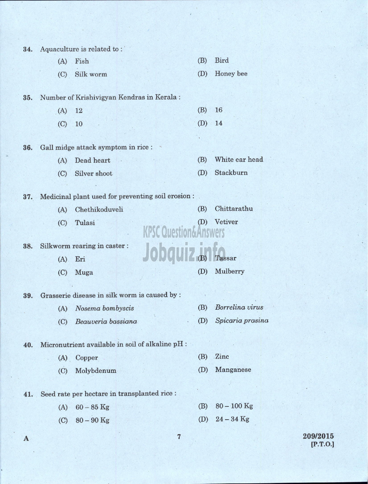 Kerala PSC Question Paper - SOIL SURVEY OFFICER / RESEARCH ASSISTNT / CARTOGRAPHER / TECHNICAL ASSISTANT SOIL SURVEY AND SOIL CONSERVATION-5
