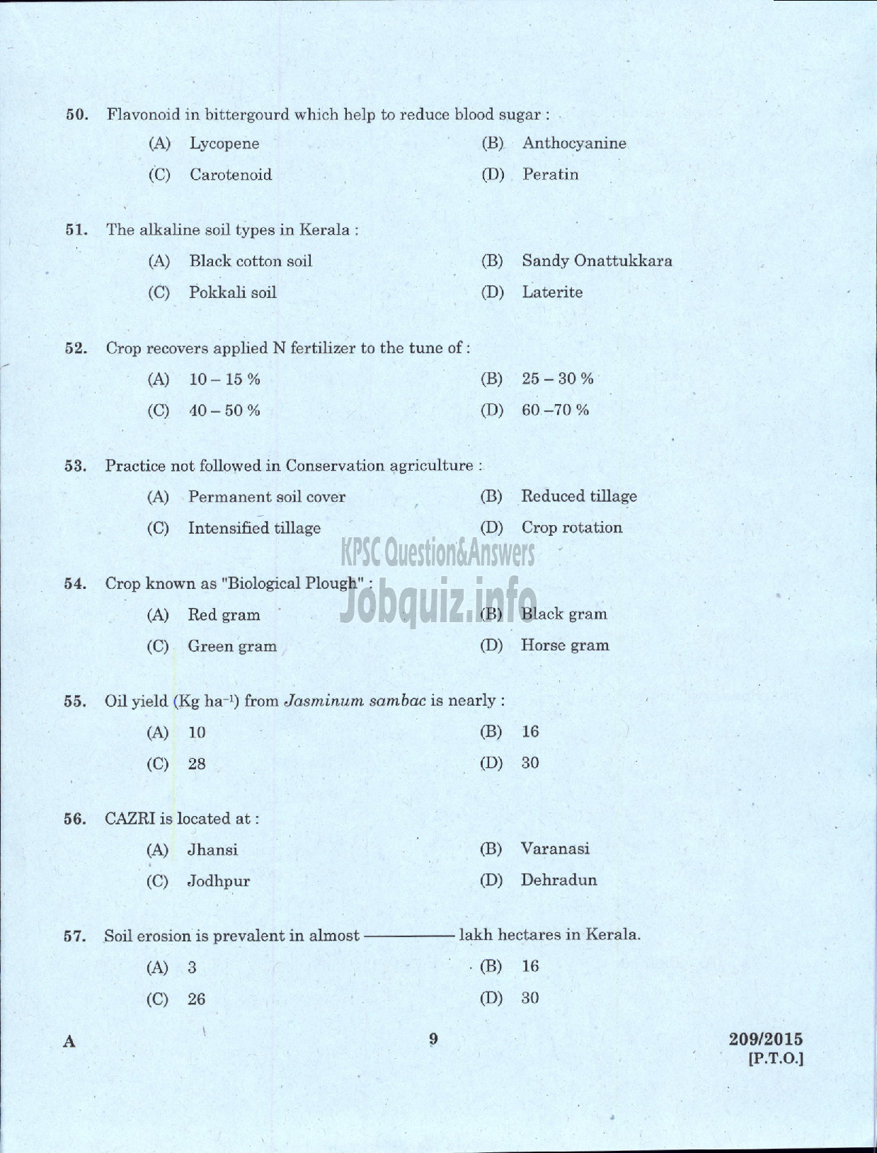 Kerala PSC Question Paper - SOIL SURVEY OFFICER / RESEARCH ASSISTNT / CARTOGRAPHER / TECHNICAL ASSISTANT SOIL SURVEY AND SOIL CONSERVATION-7