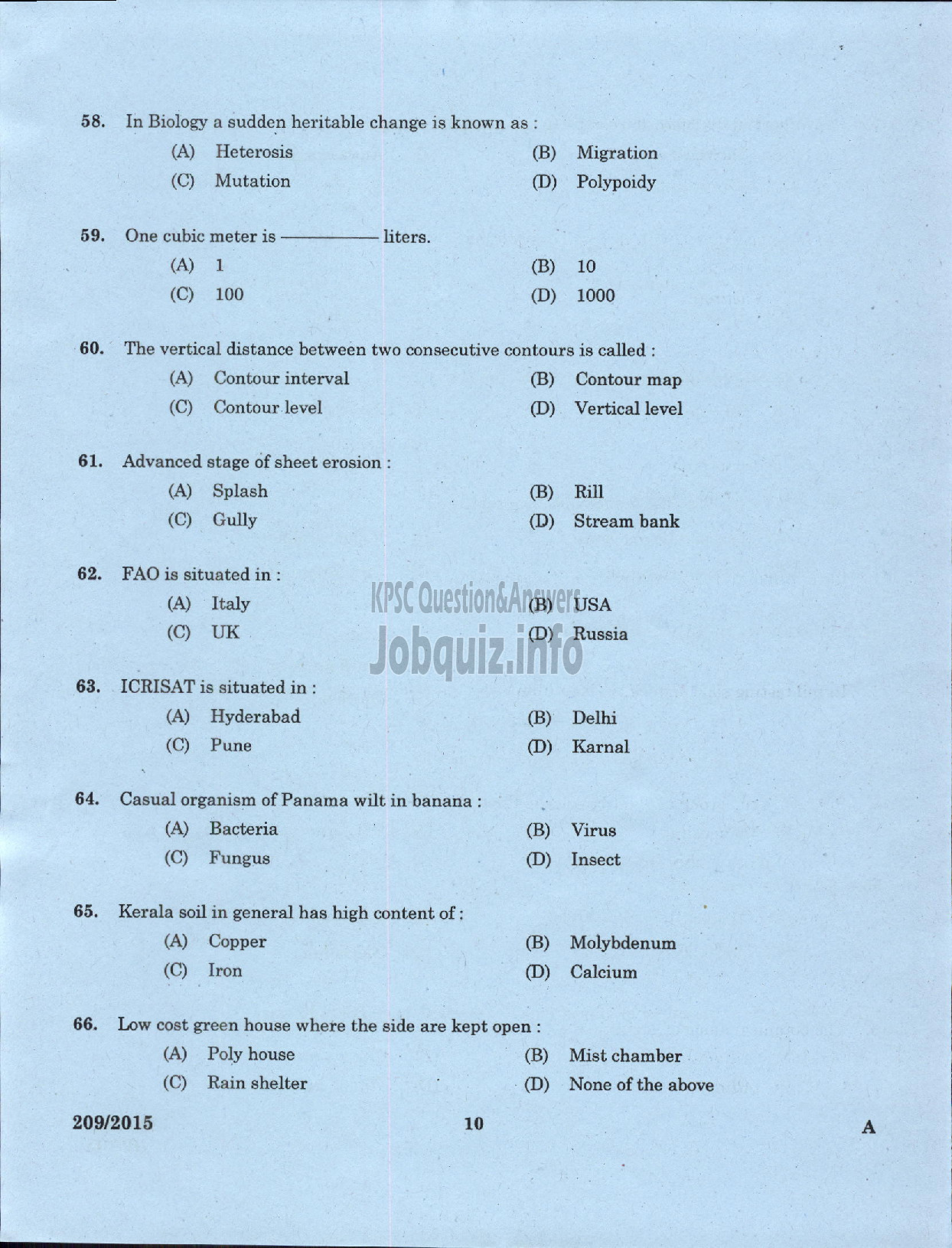 Kerala PSC Question Paper - SOIL SURVEY OFFICER / RESEARCH ASSISTNT / CARTOGRAPHER / TECHNICAL ASSISTANT SOIL SURVEY AND SOIL CONSERVATION-8
