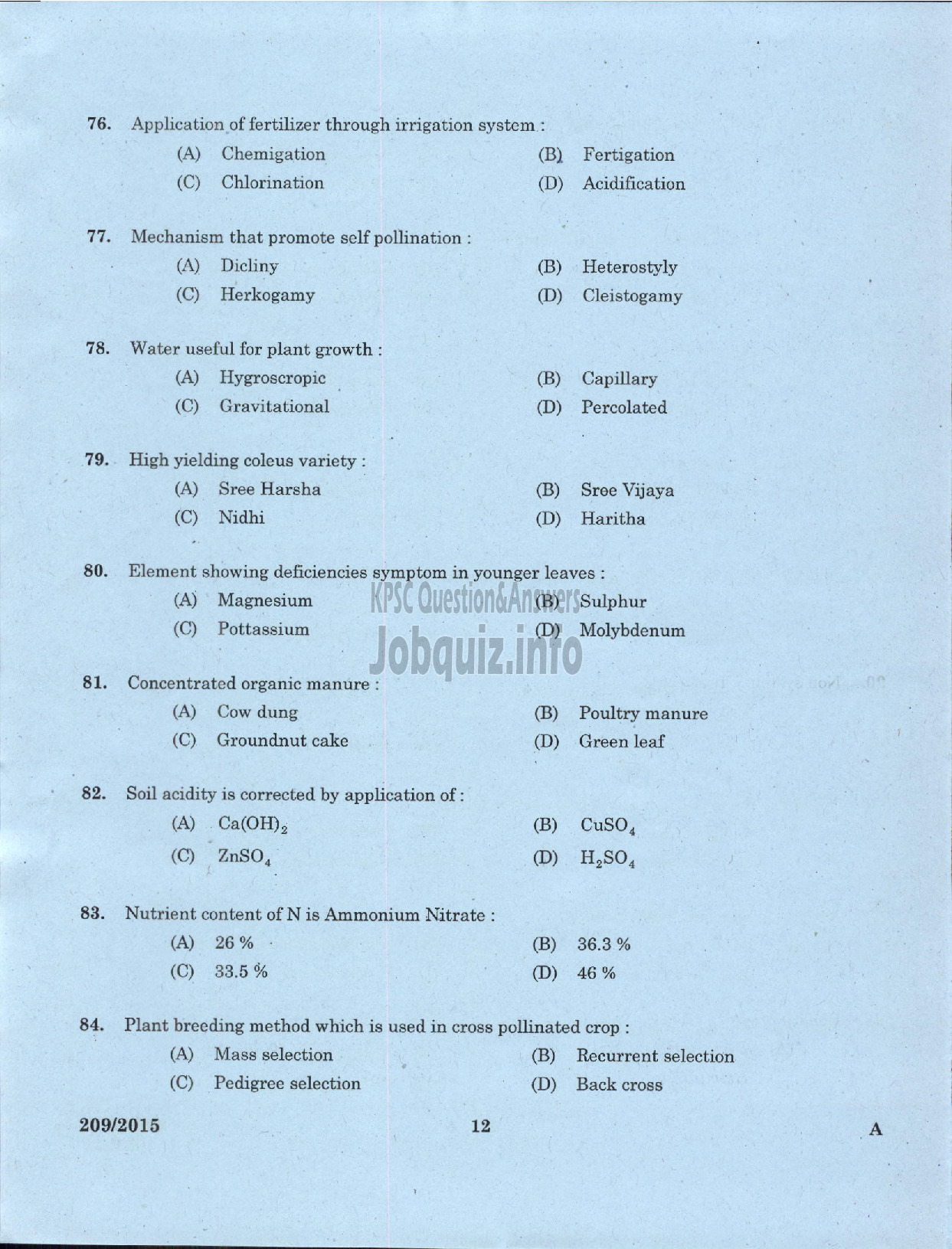 Kerala PSC Question Paper - SOIL SURVEY OFFICER / RESEARCH ASSISTNT / CARTOGRAPHER / TECHNICAL ASSISTANT SOIL SURVEY AND SOIL CONSERVATION-10