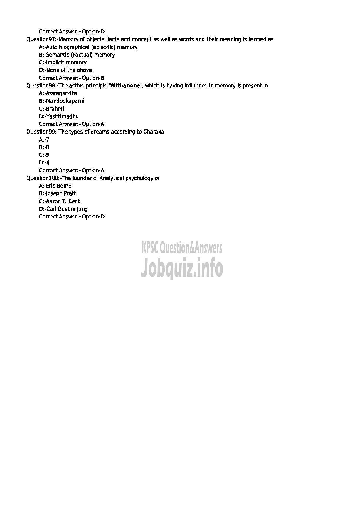 Kerala PSC Question Paper - SPECIALIST MANASIKA INDIAN SYSTEMS OF MEDICINE-11